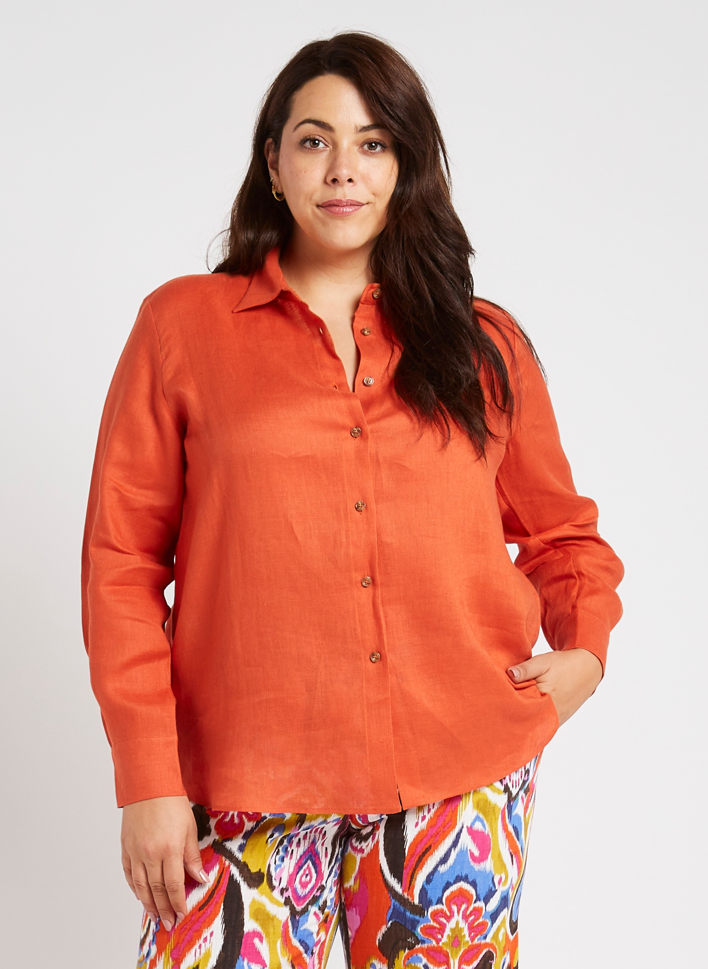 Chemise droite col classique en lin PERSONA by Marina Rinaldi Orange