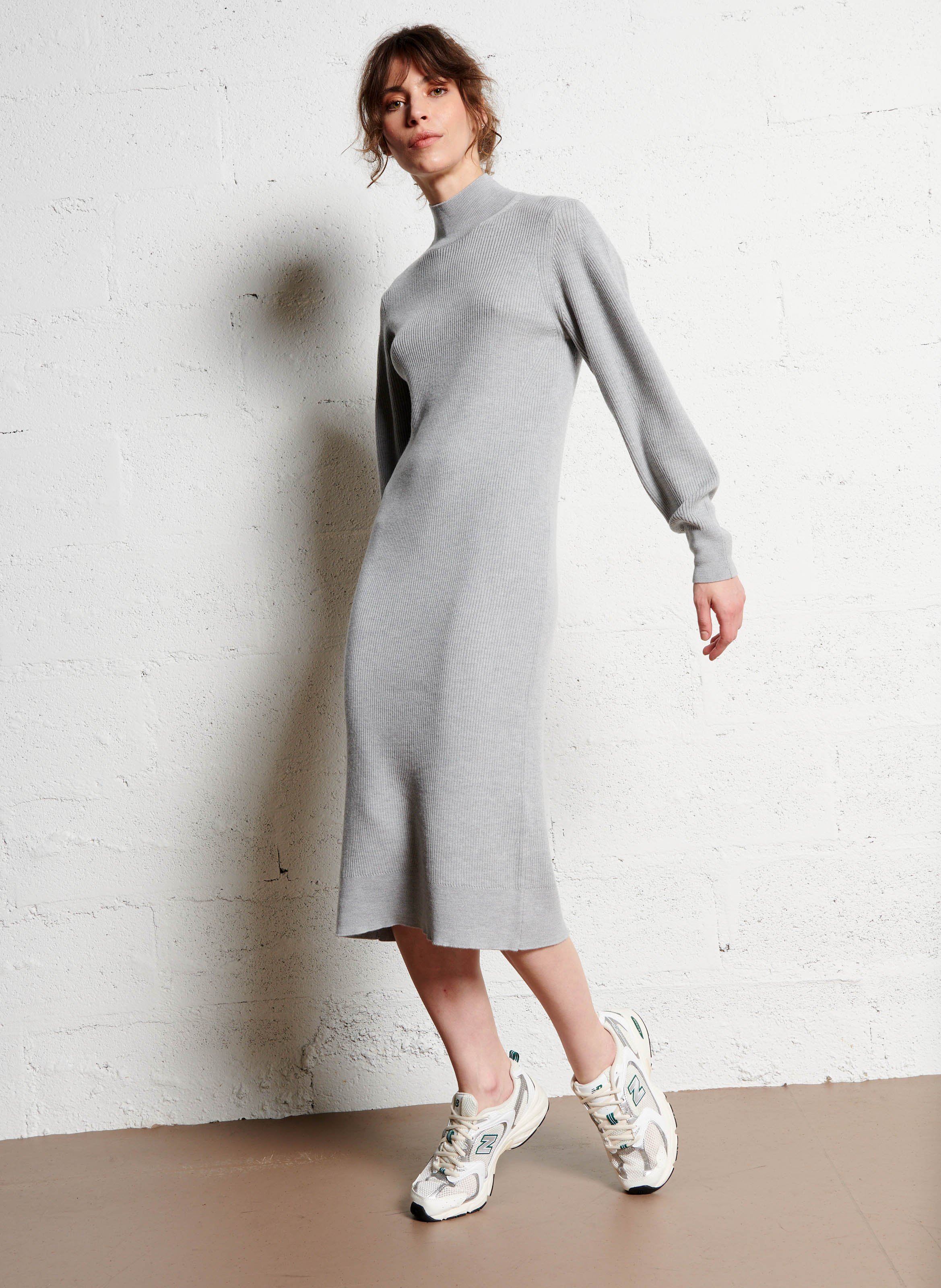 Robe midi col montant en laine MAJESTIC FILATURES Gris
