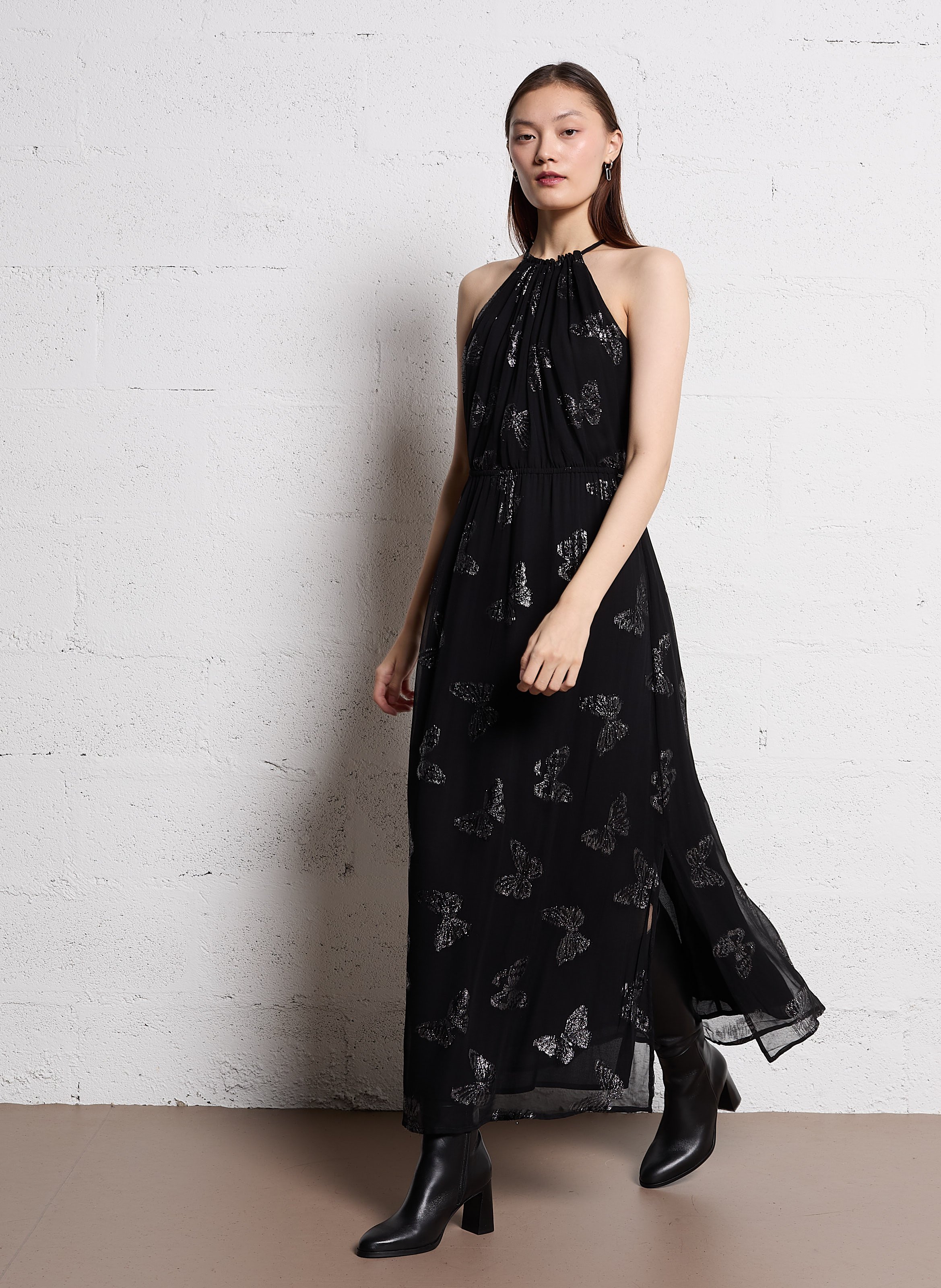 Robe longue a motifs papillons Noir