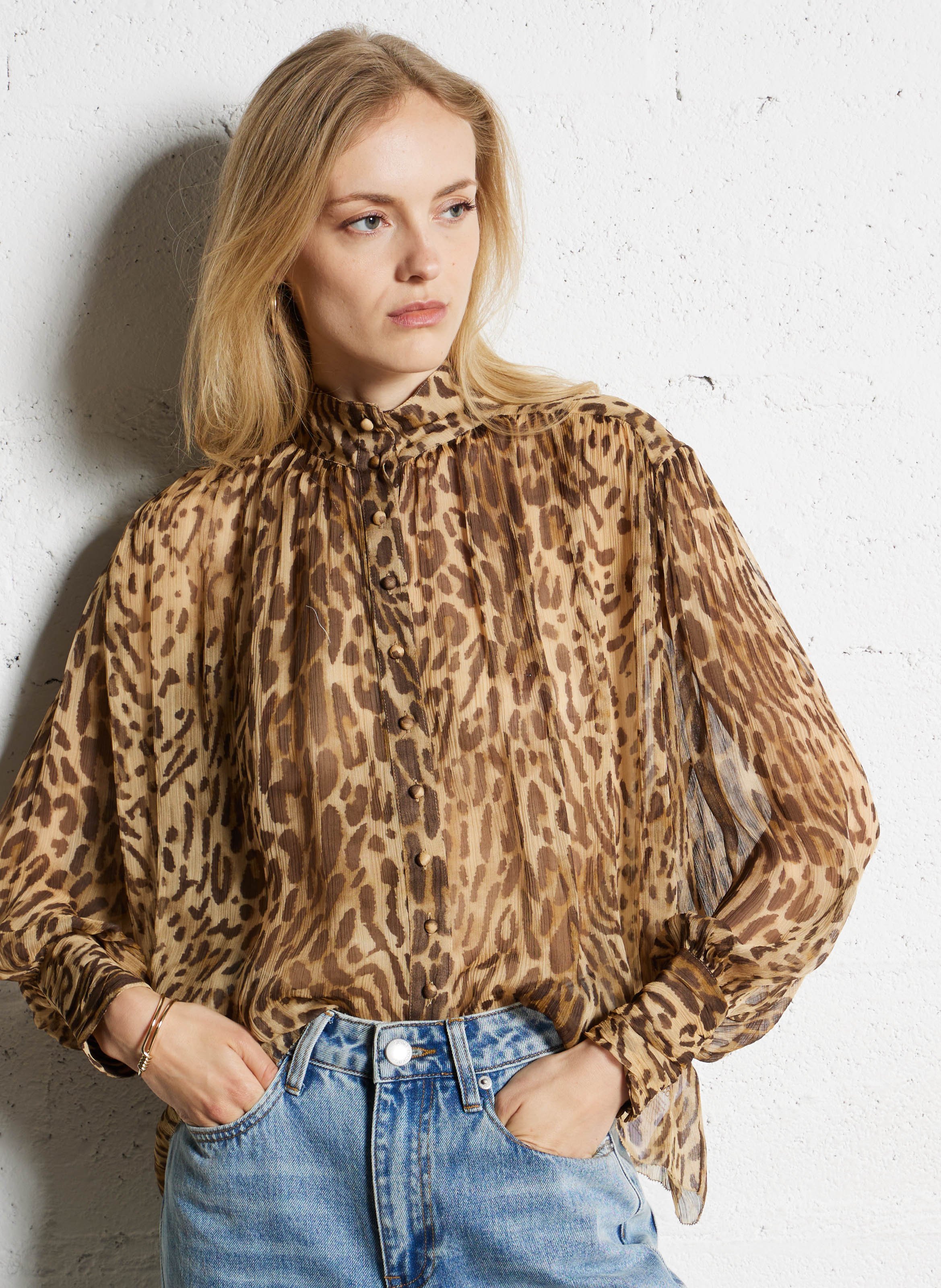 Weite transparente bedruckte Bluse SUNCOO Beige