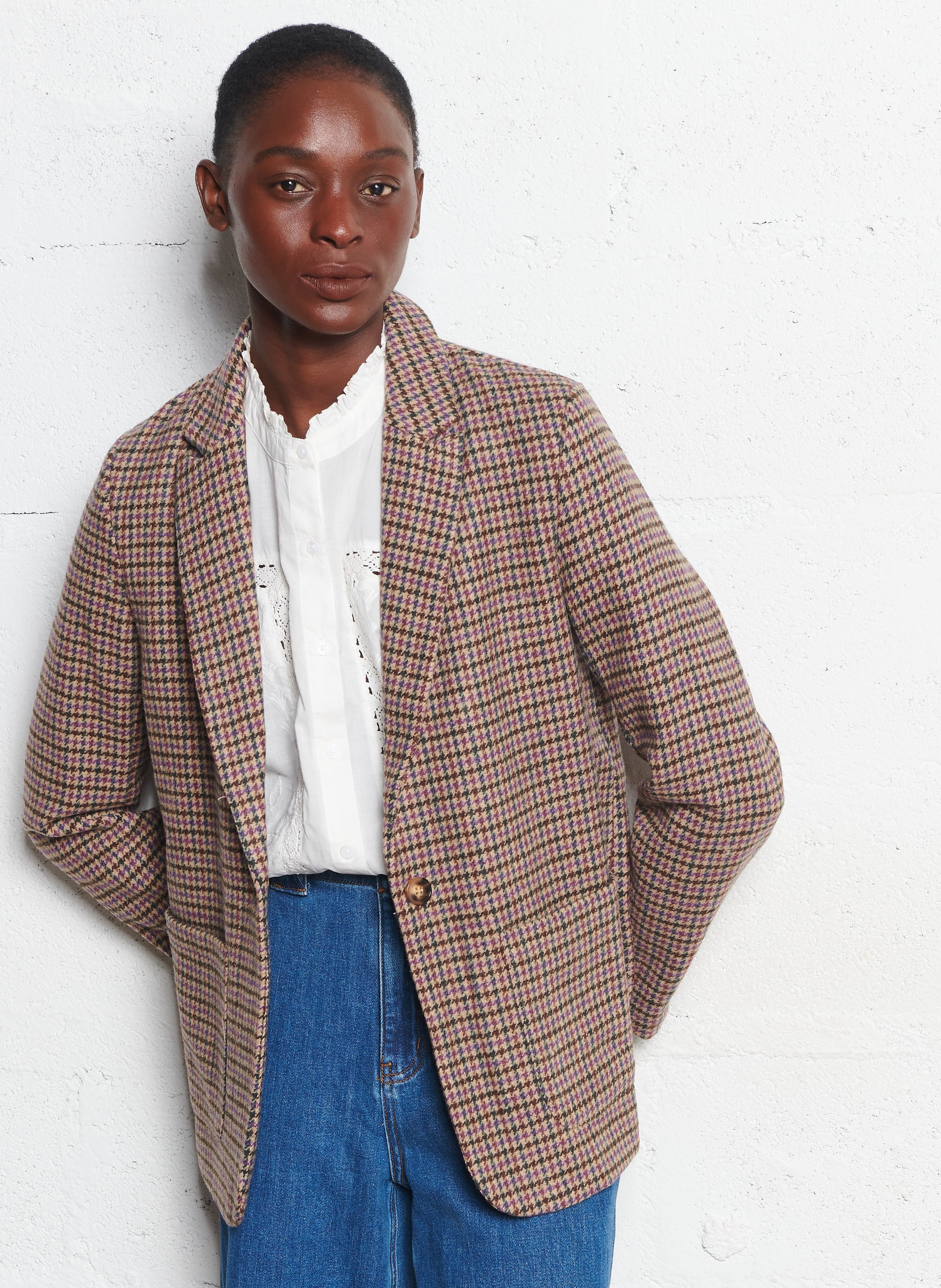 Houndstooth check tailored collar jacket LA PETITE ETOILE Beige