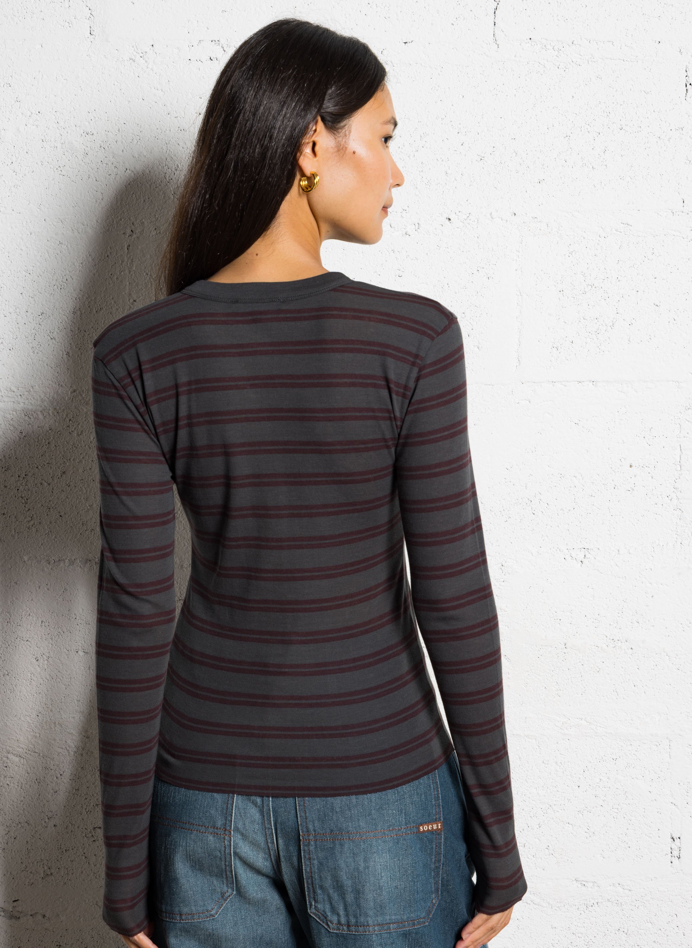 Tee-shirt col rond rayé en coton SOEUR Prune