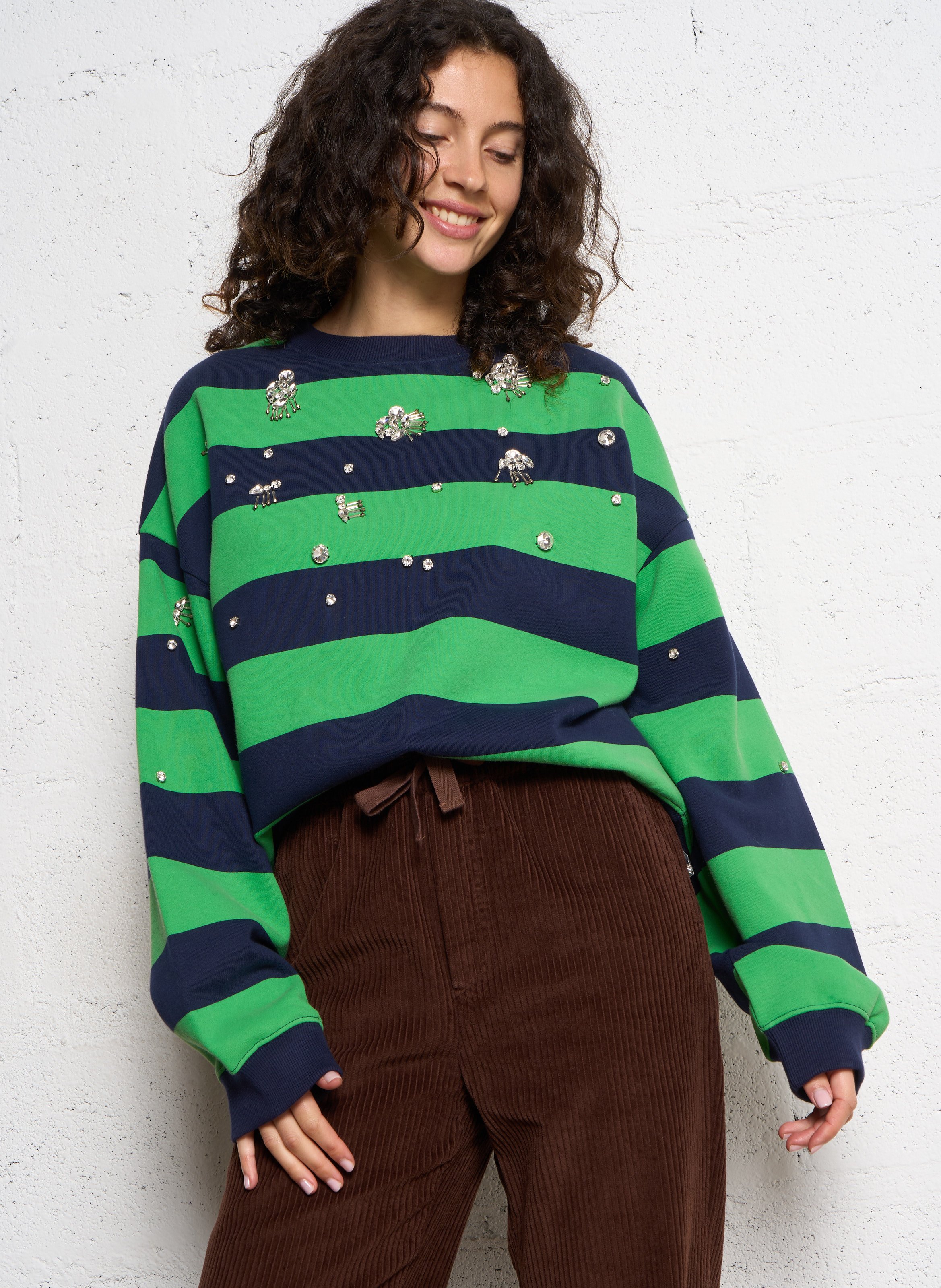 Sweat ample col rond rayé à bijoux en coton bio FABIENNE CHAPOT