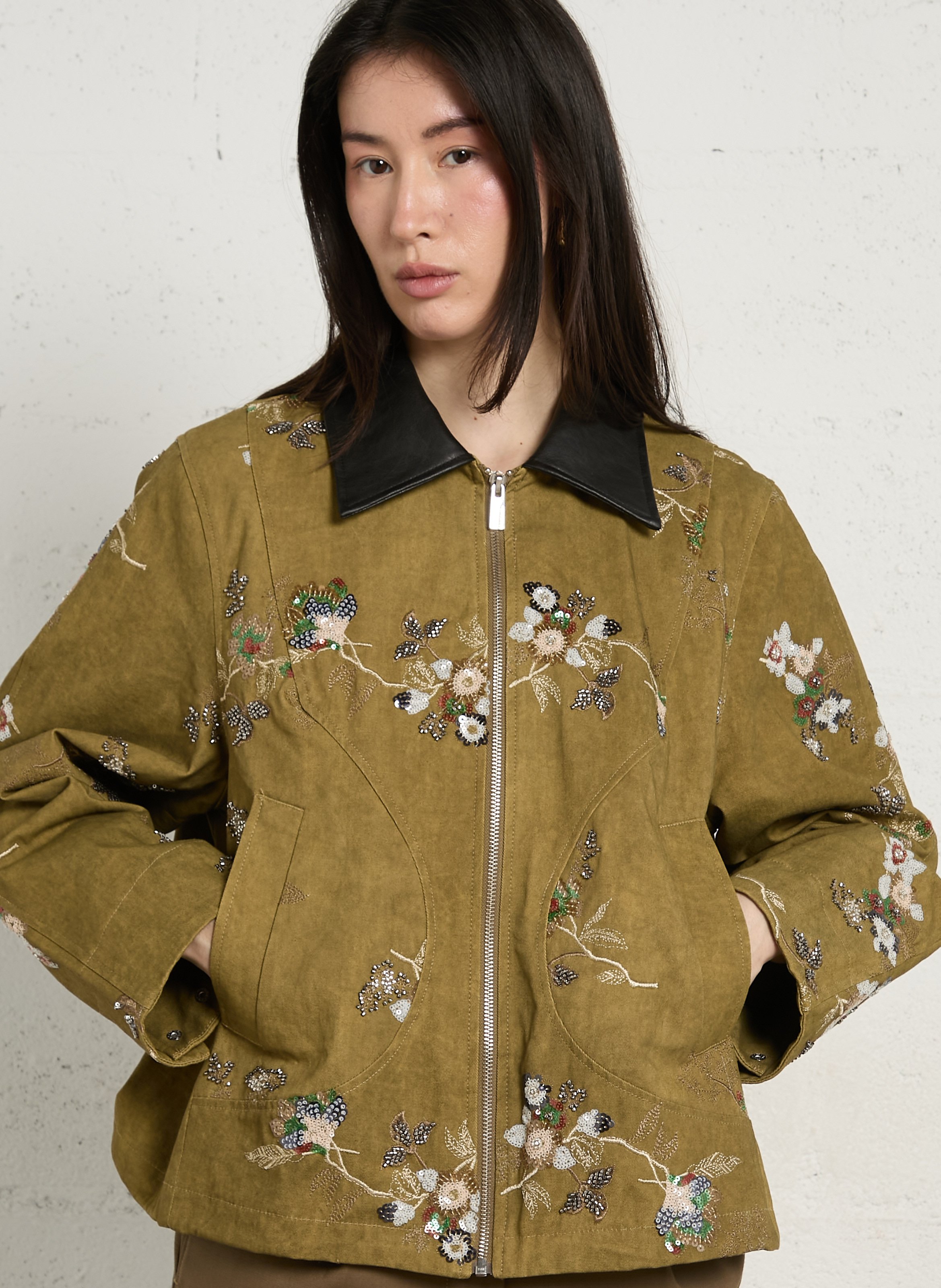 Oversized jacket with classic collar embellished with sequins and pearls in cotton. BERENICE Khaki