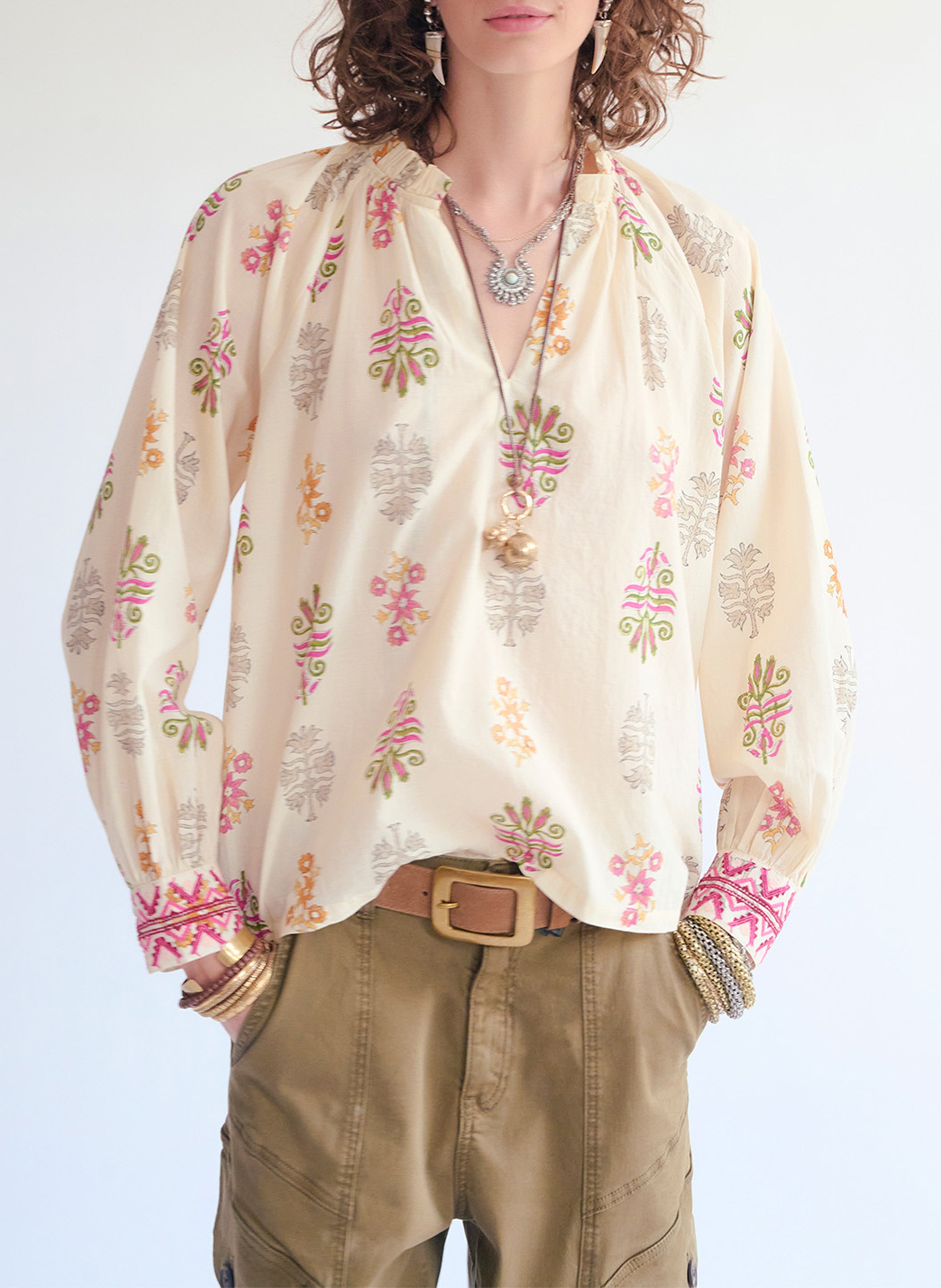 Wijde blouse met print en tuniek kraag MKT Beige