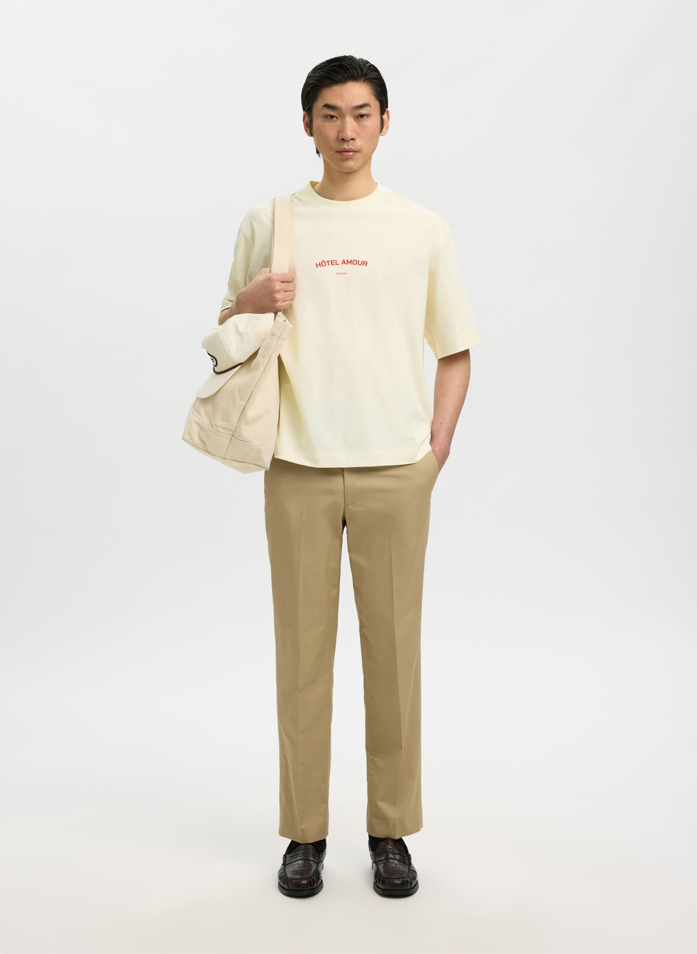 Tee-shirt col rond en coton bio SELECTED Beige