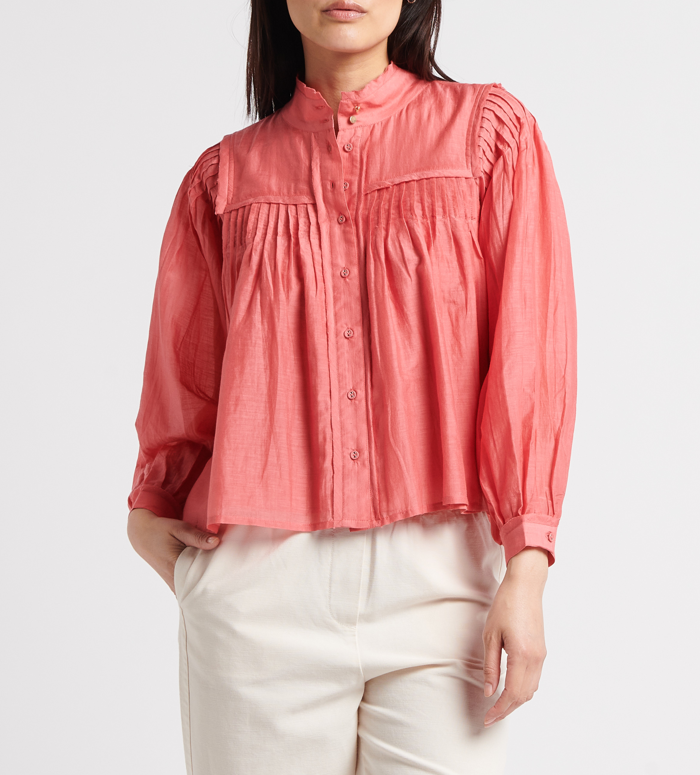 Blouse ample col montant en coton et soie mélangé BELLEPIECE Rose