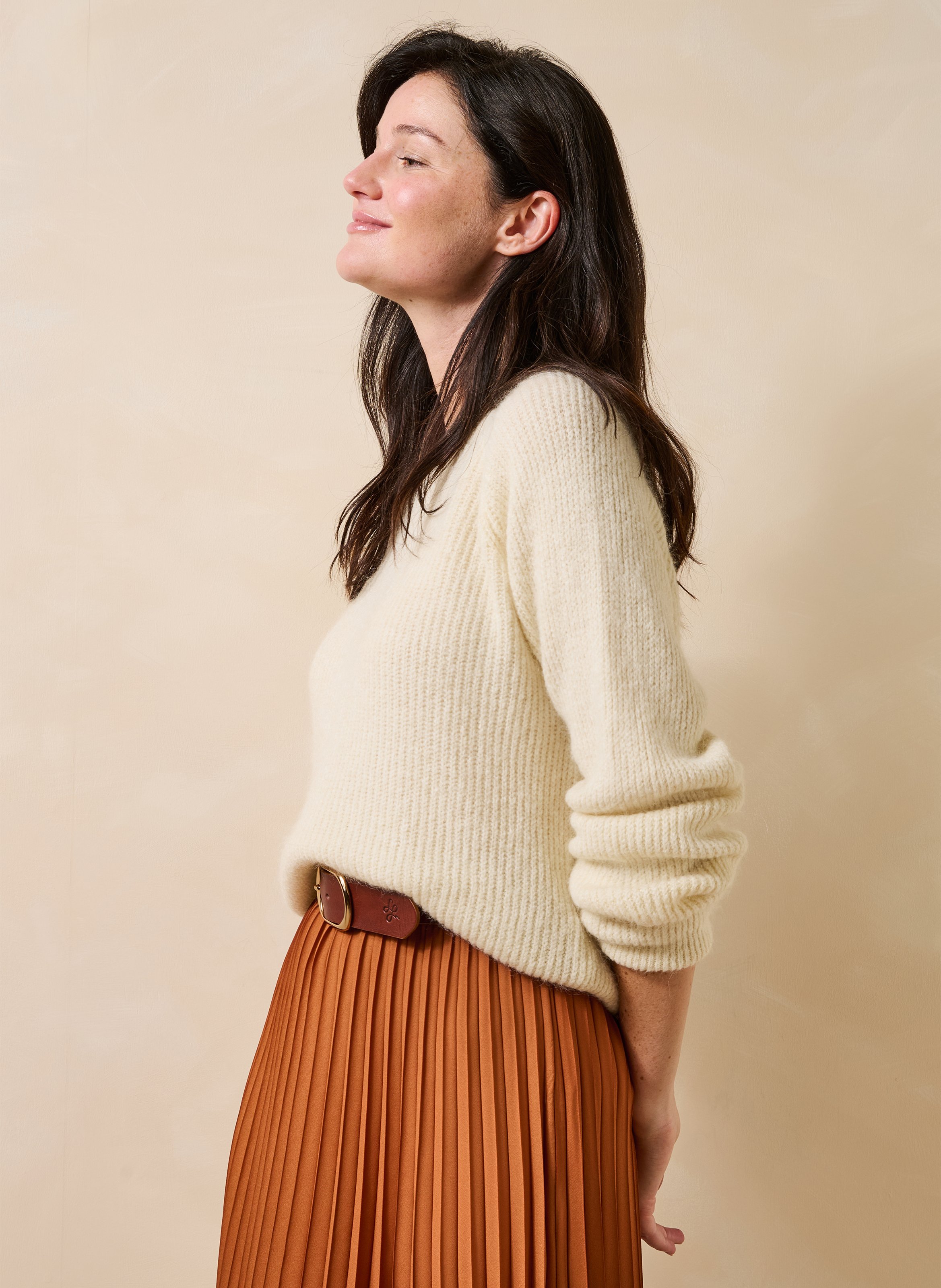 Round-neck mixed-knit straight sweater LA FEE MARABOUTEE White
