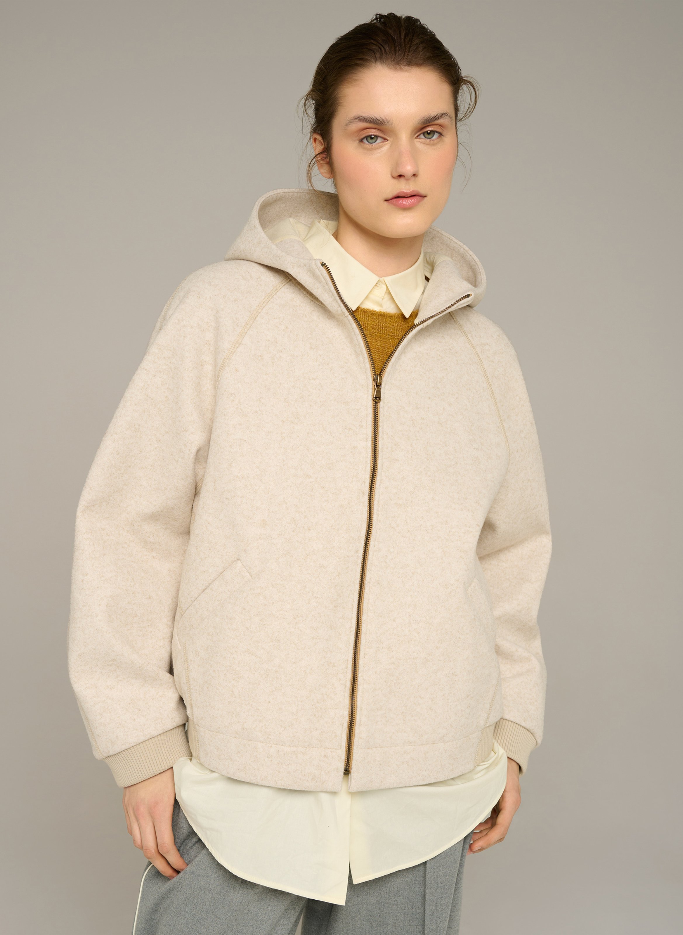 Straight high-neck zip-up hooded jacket COTELAC ACOTE Beige