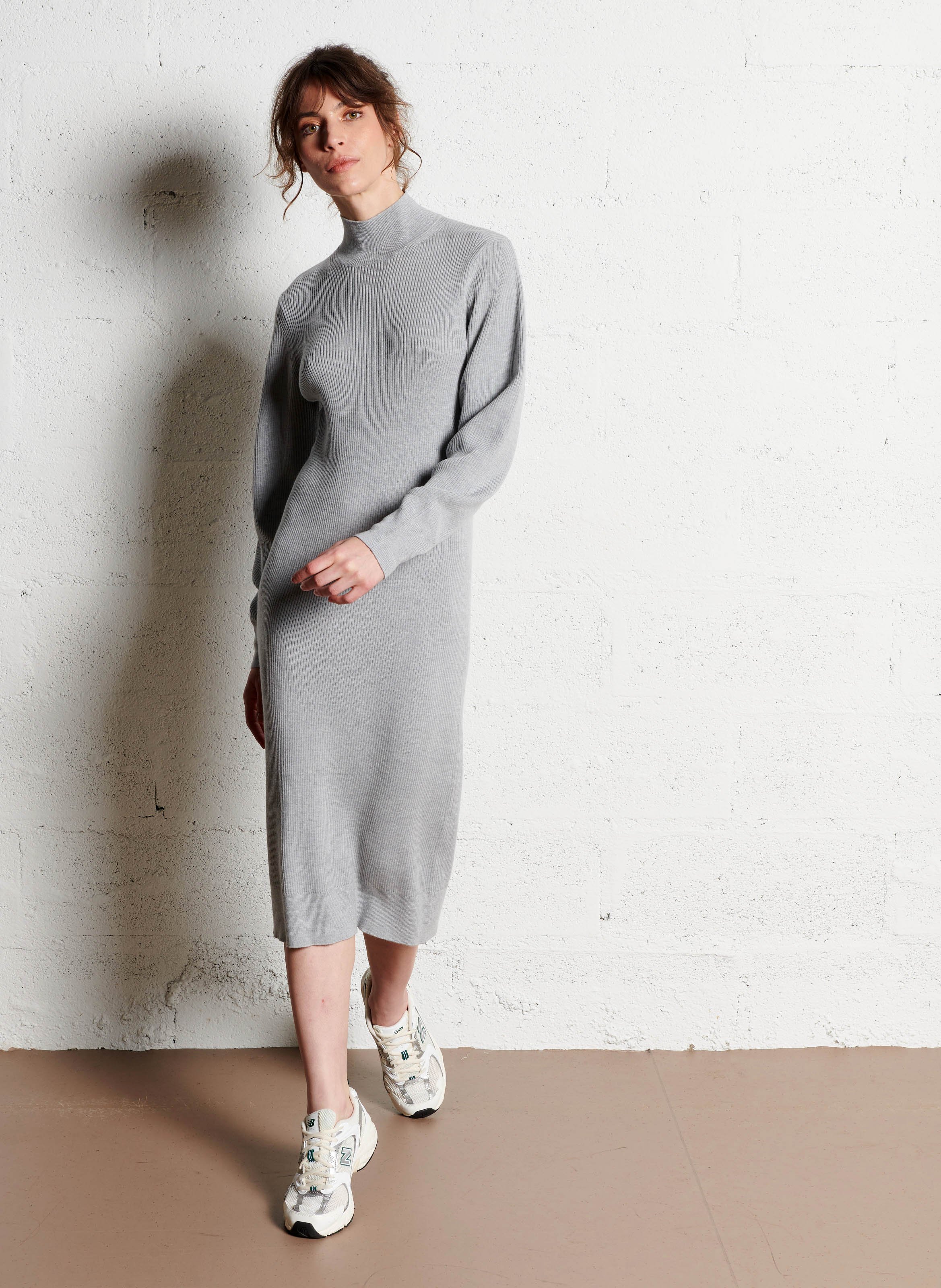 Robe midi col montant en laine MAJESTIC FILATURES Gris