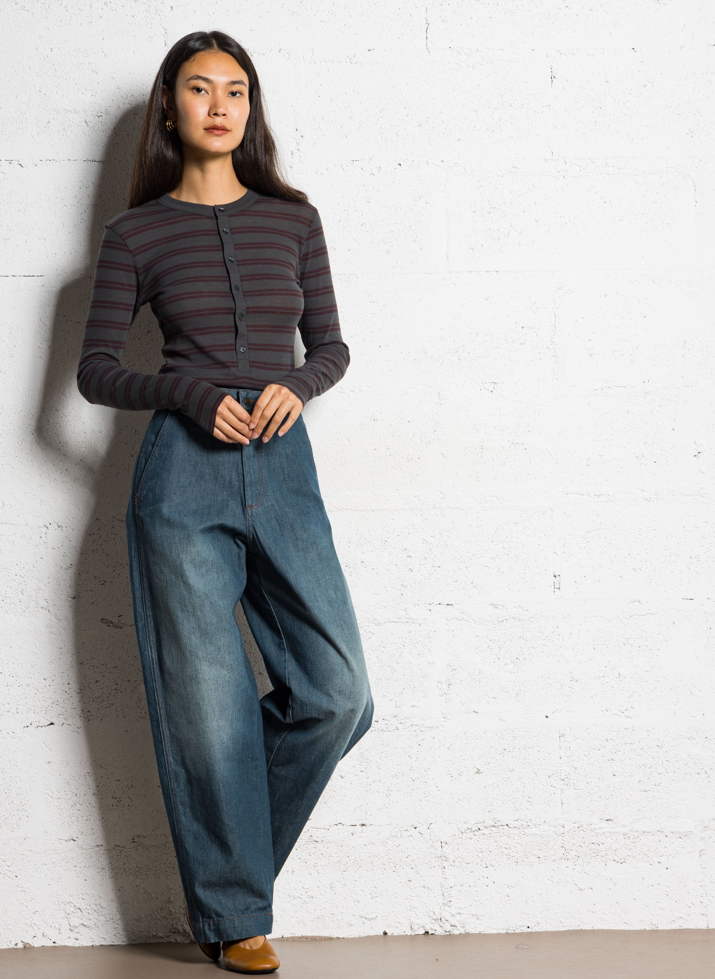 Tee-shirt col rond rayé en coton SOEUR Prune