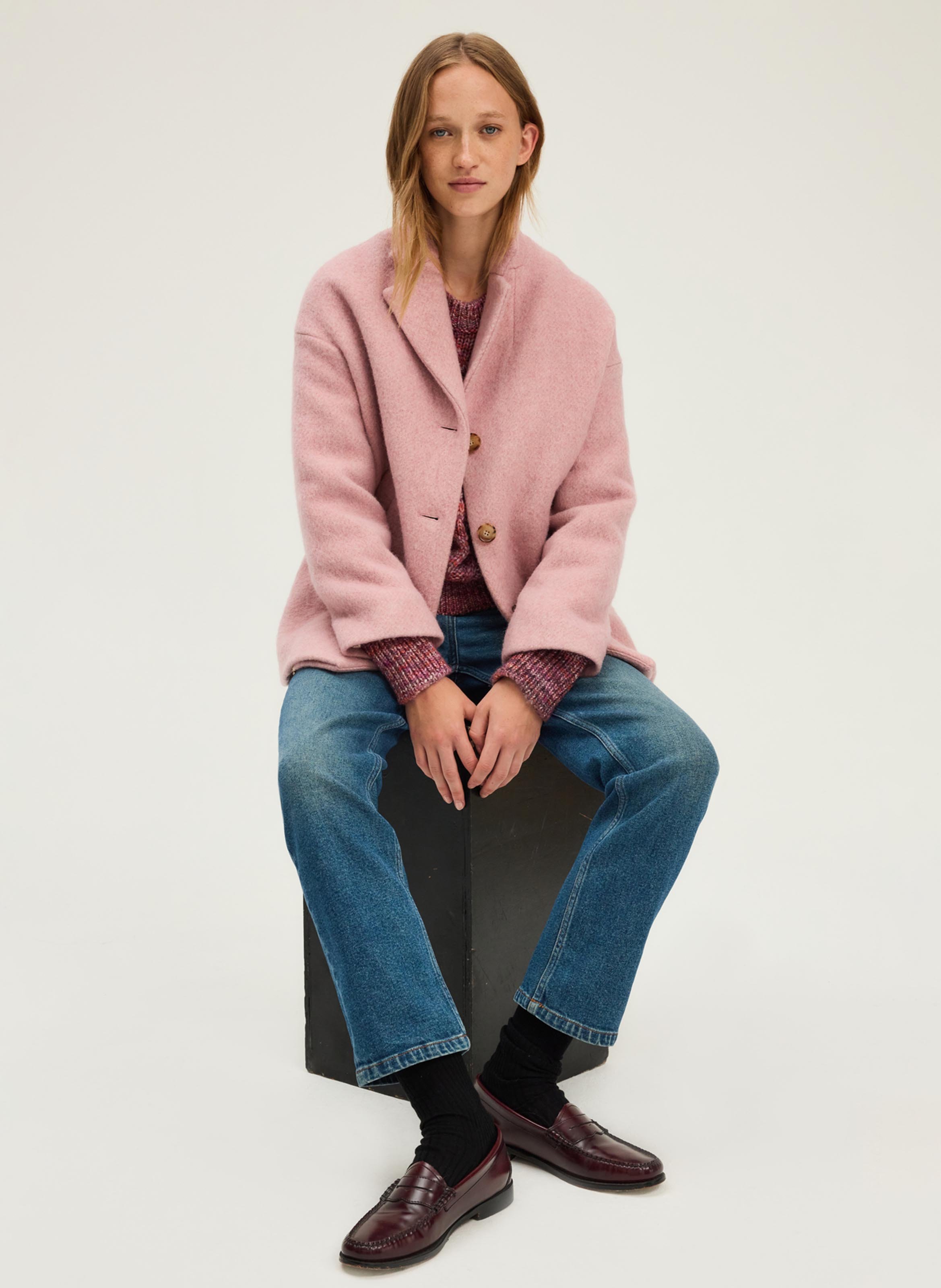 Manteau droit col tailleur en laine PABLO Rose
