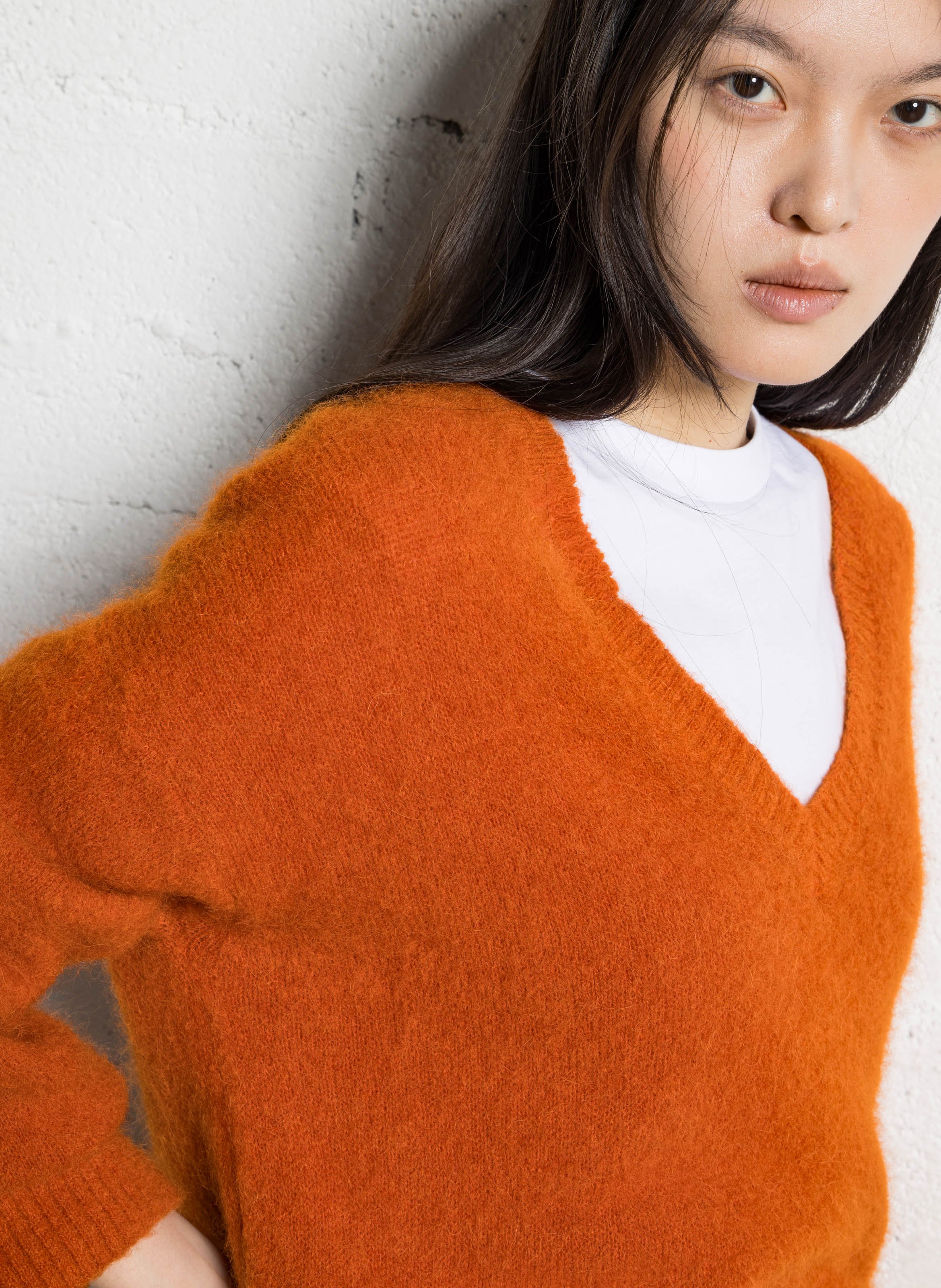 Pull droit col V en alpaga mélangé IKKS Orange