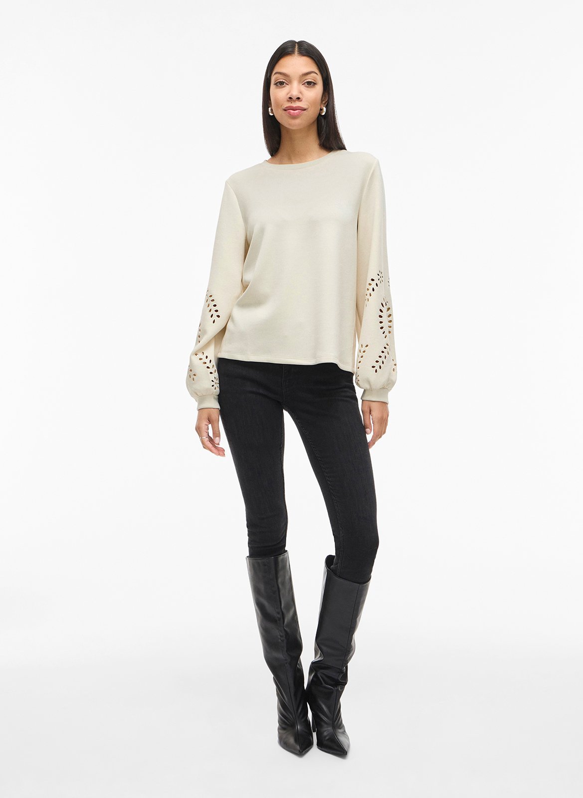 Sweat droit col rond brodé VILA Beige