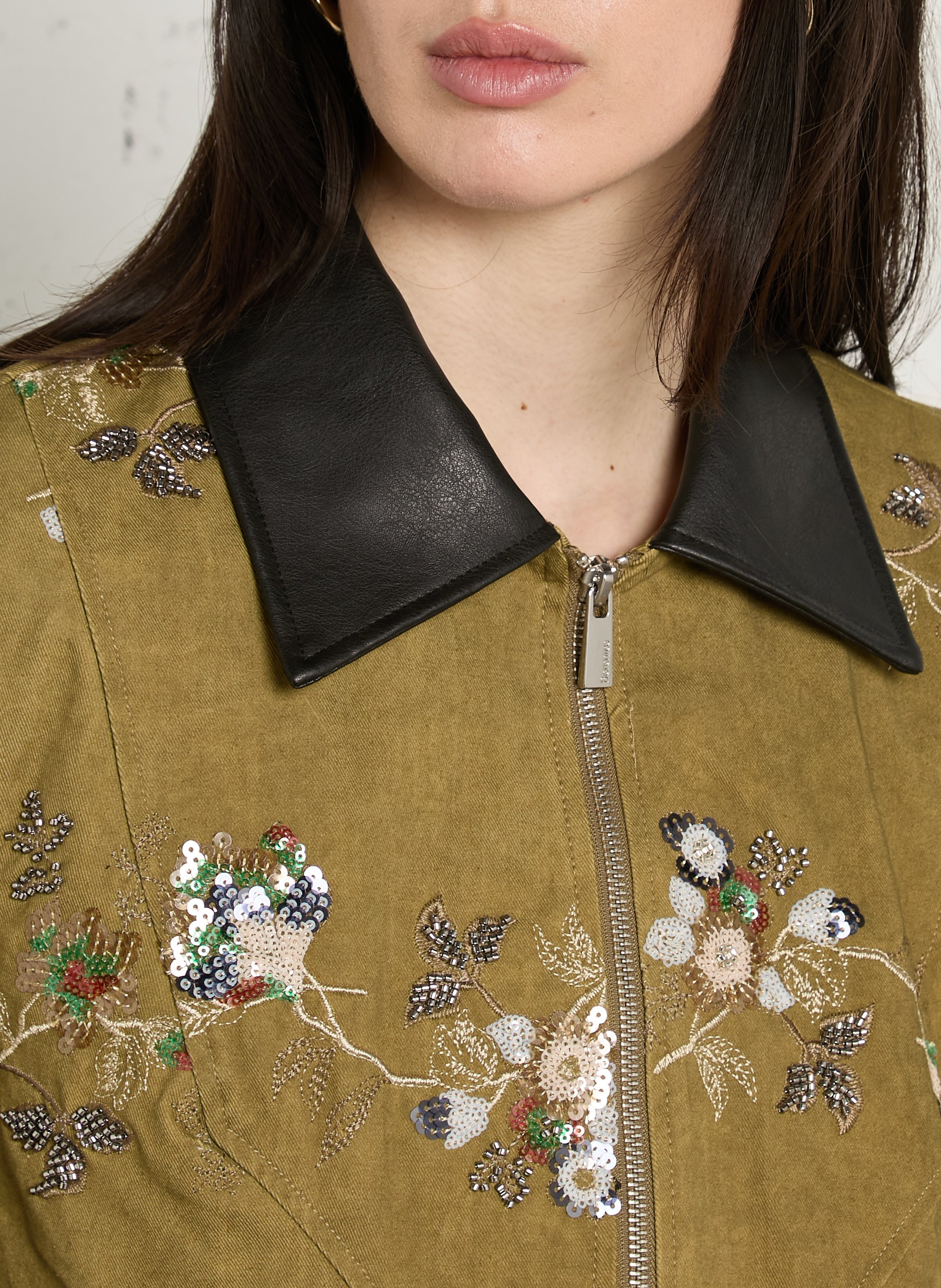 Oversized jacket with classic collar embellished with sequins and pearls in cotton. BERENICE Khaki