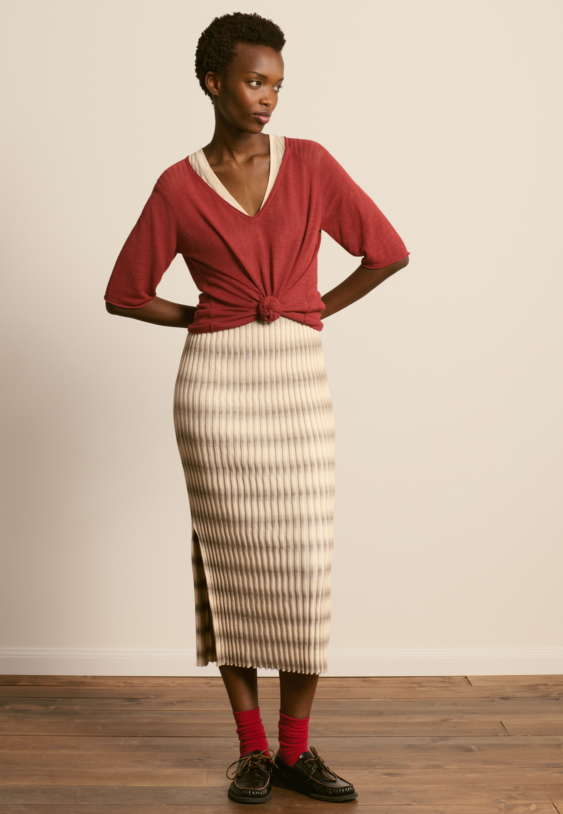 T-shirt col v en lin flammé MAISON MONTAGUT Marron