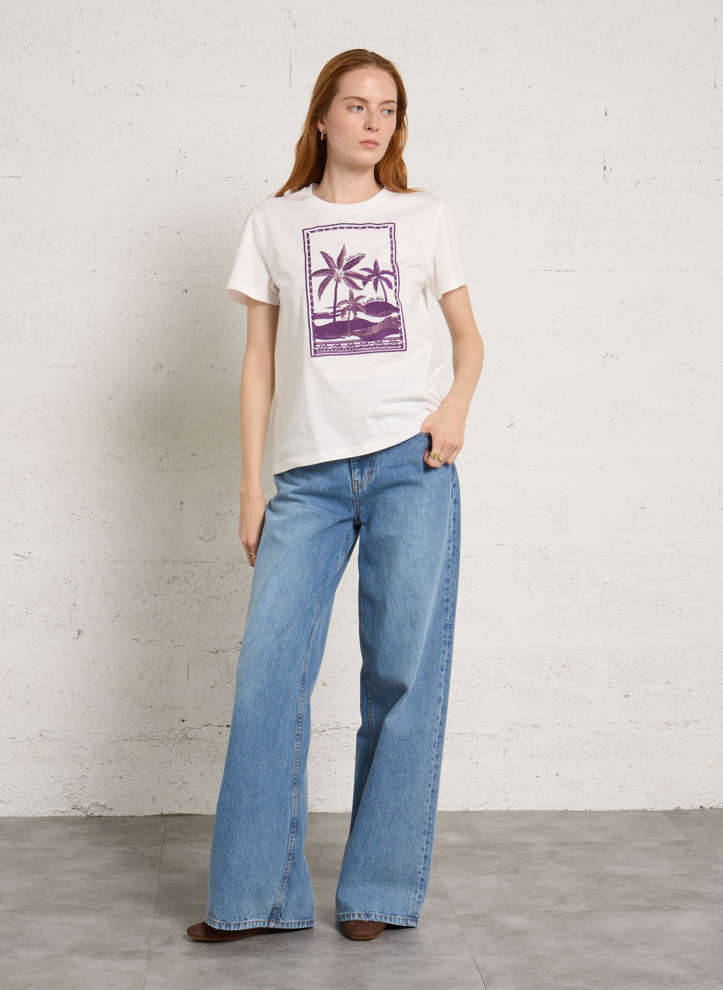 Top droit col rond en coton brodé Blanc