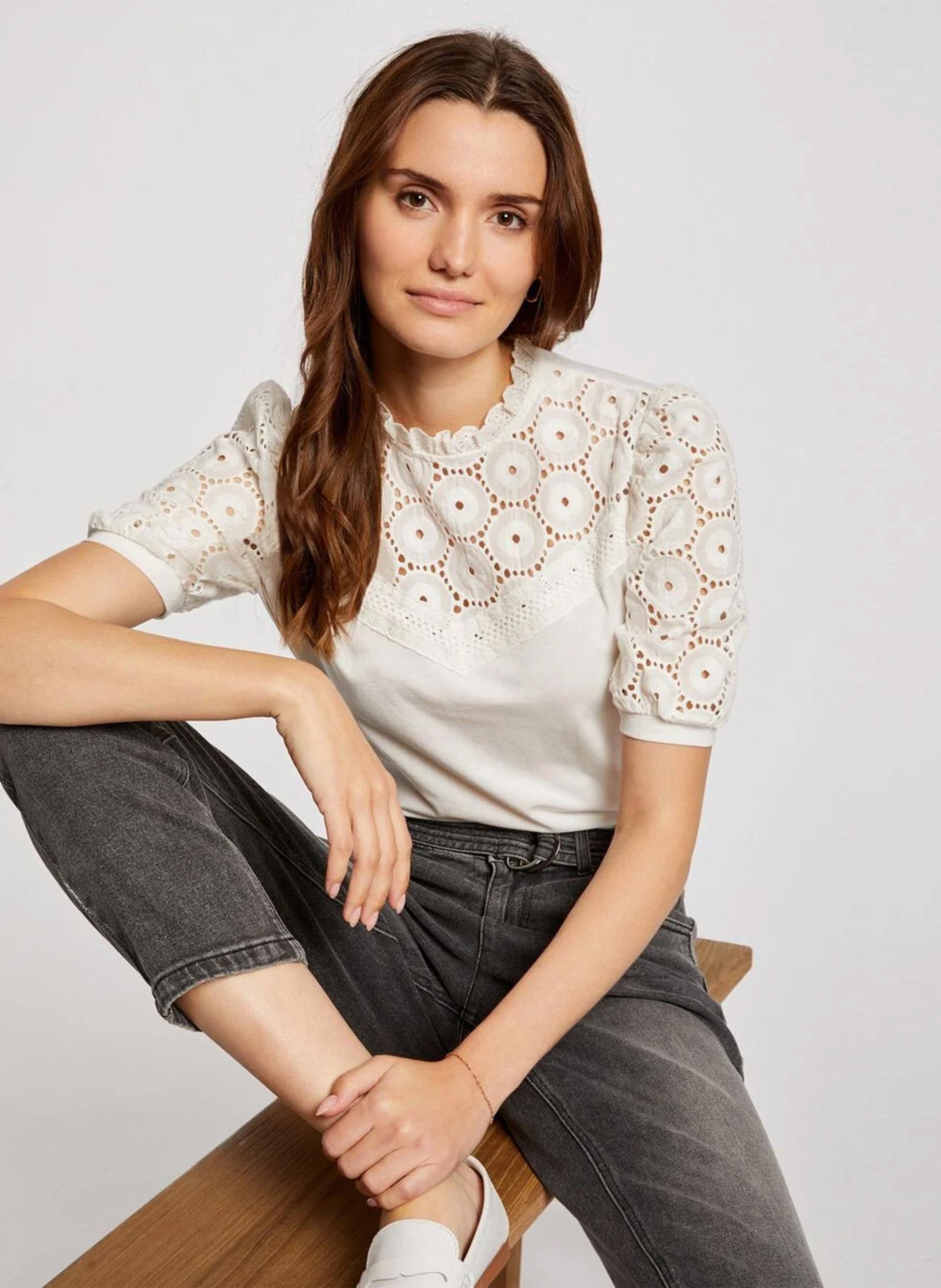 High-neck embroidered cotton top MORGAN White