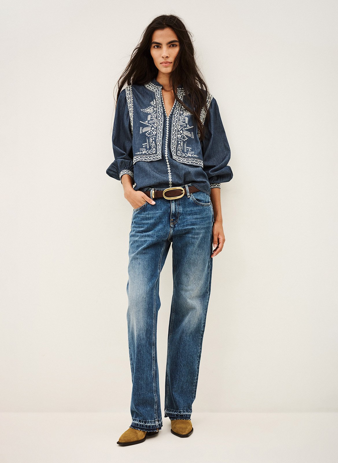 Straight tunic collar embroidered blouse BA&SH Blue