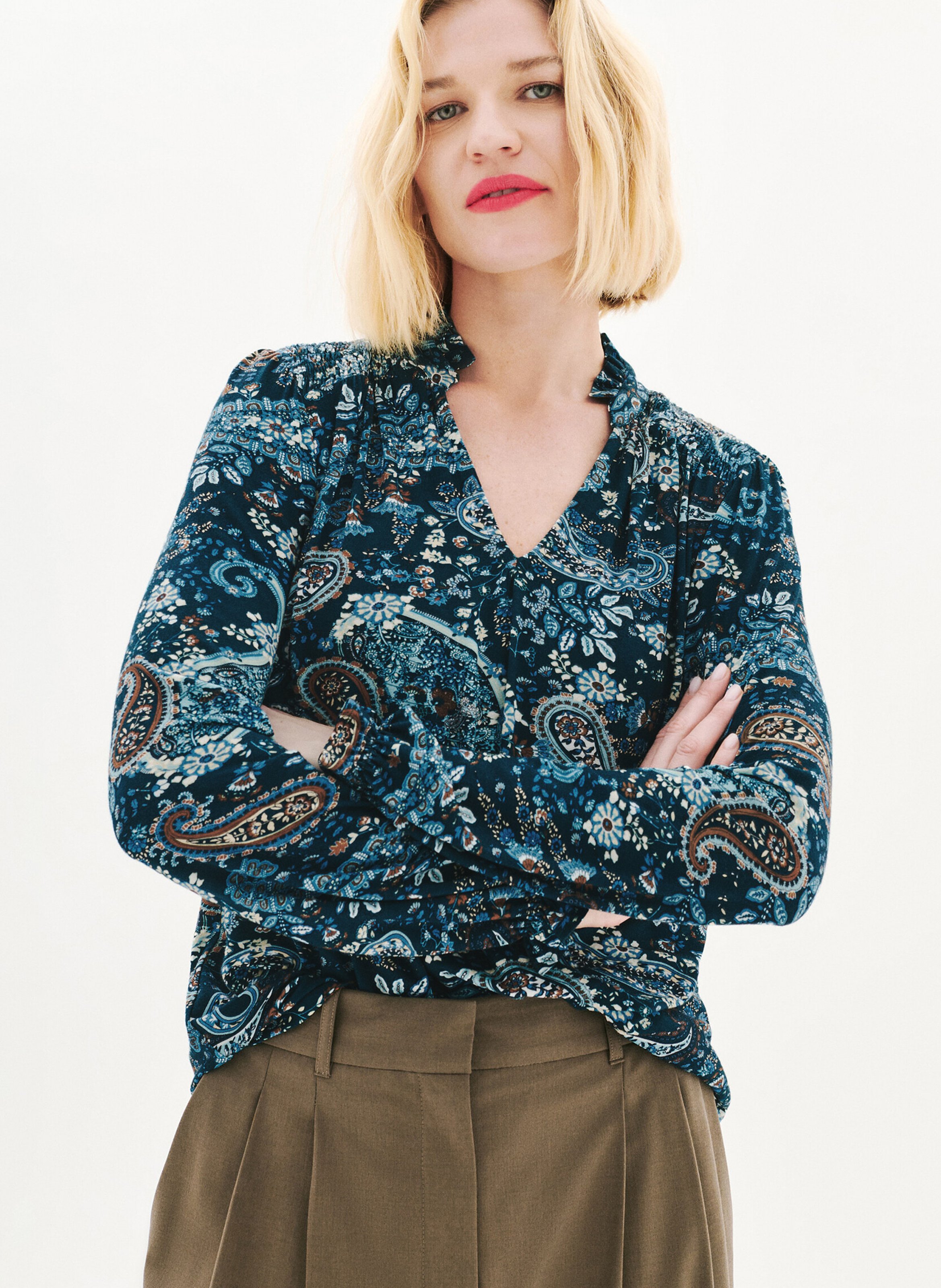 Blouse col v imprimé CAROLL Bleu