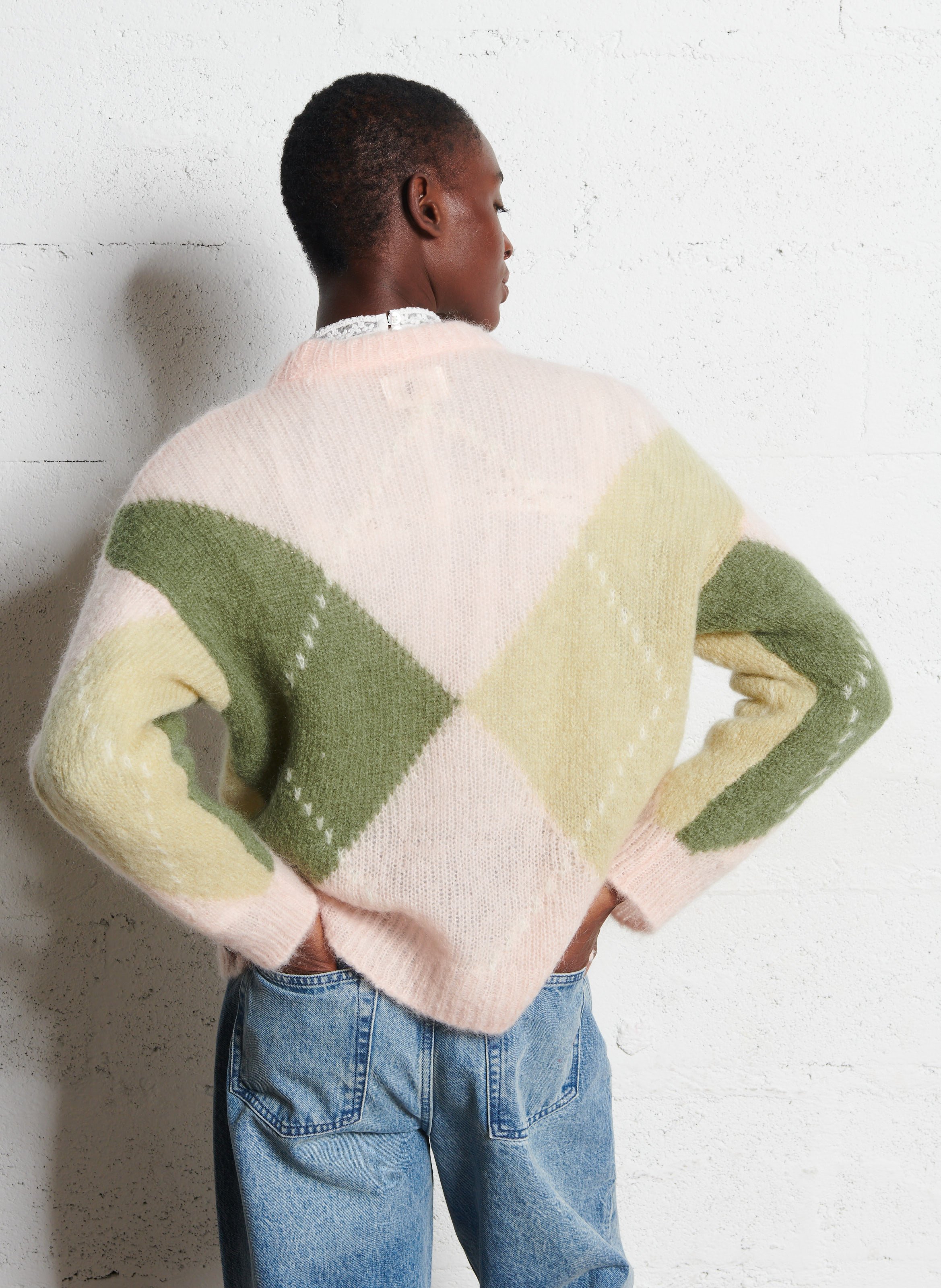 Oversized diamond pattern wool blend sweater DES PETITS HAUTS Pink