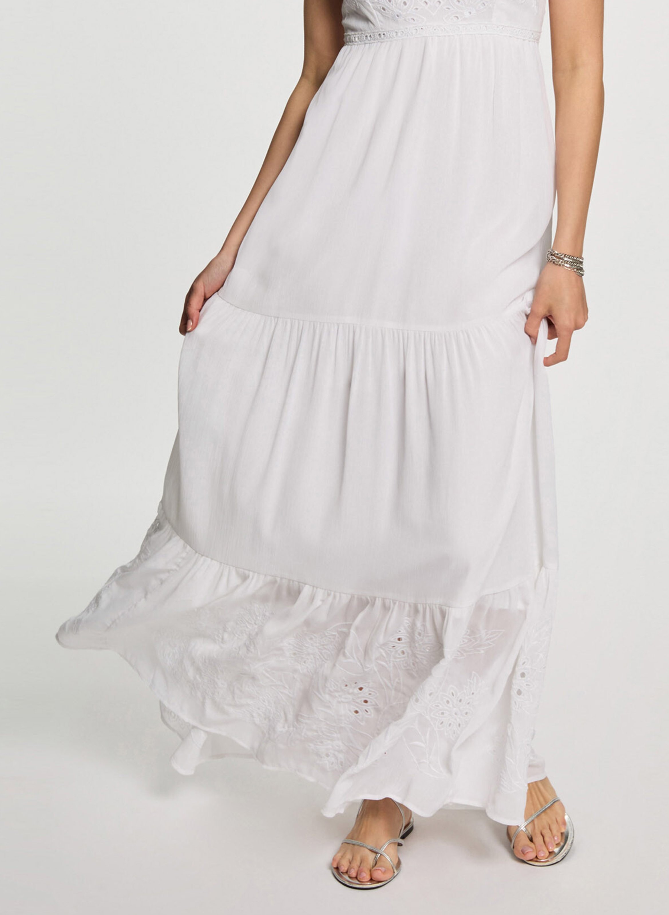 Robe longue col V brodée MORGAN Blanc