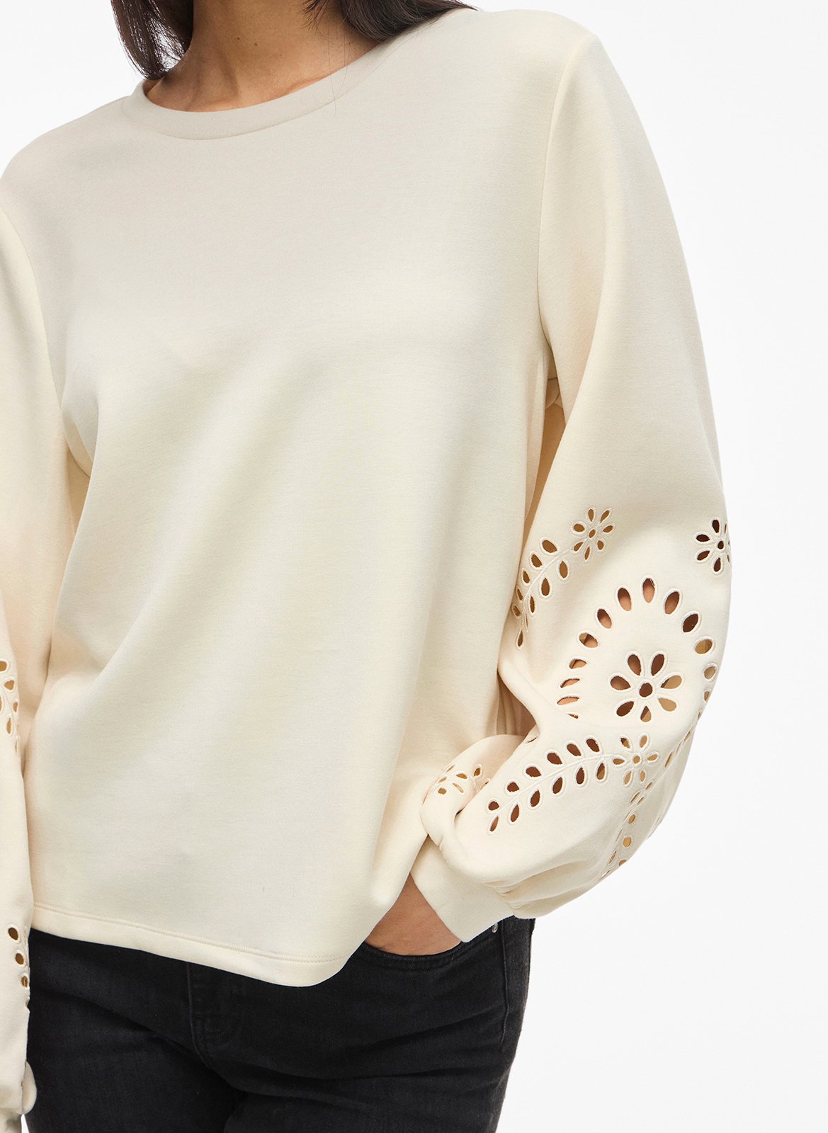 Sweat droit col rond brodé VILA Beige