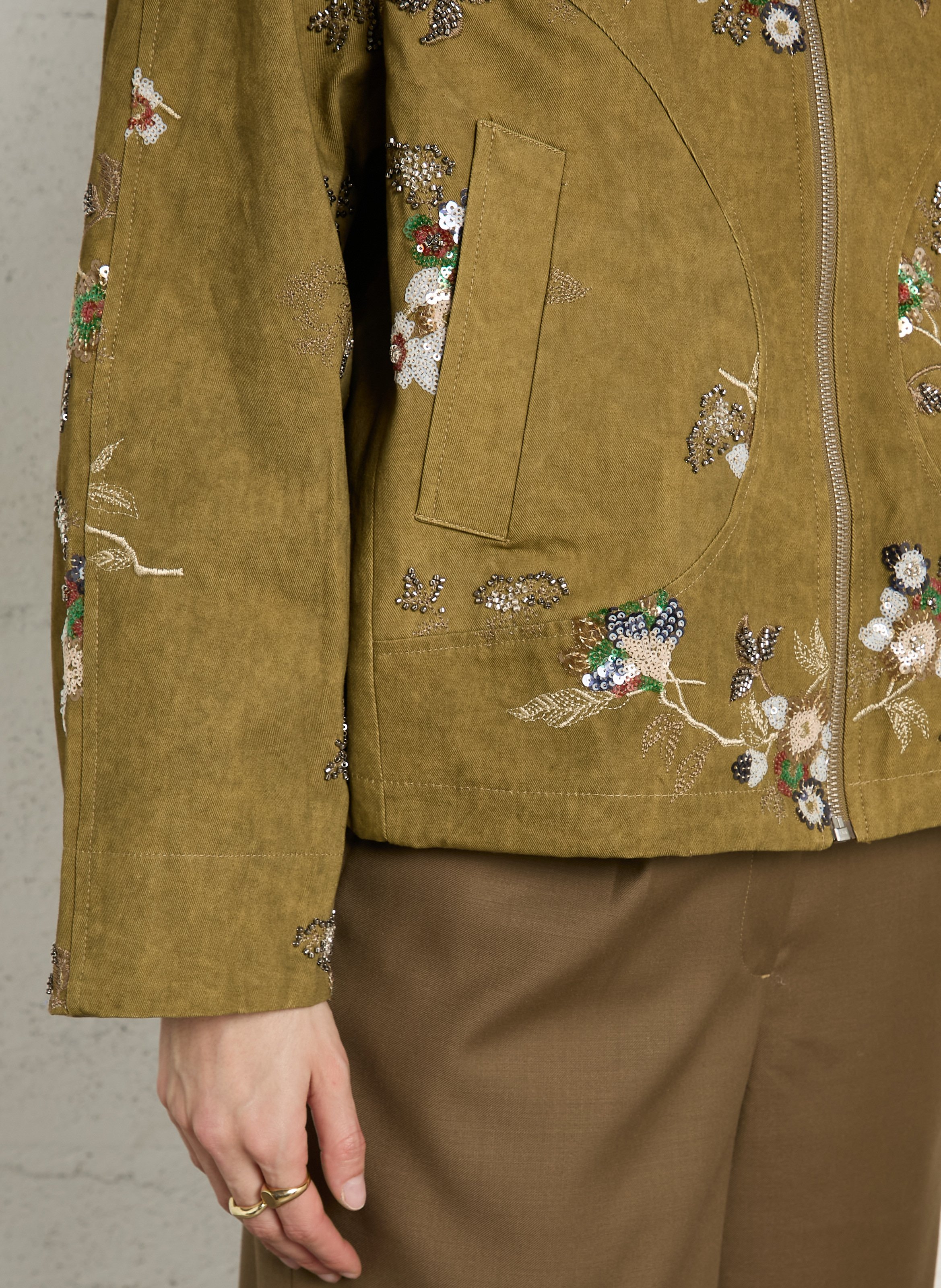 Oversized jacket with classic collar embellished with sequins and pearls in cotton. BERENICE Khaki