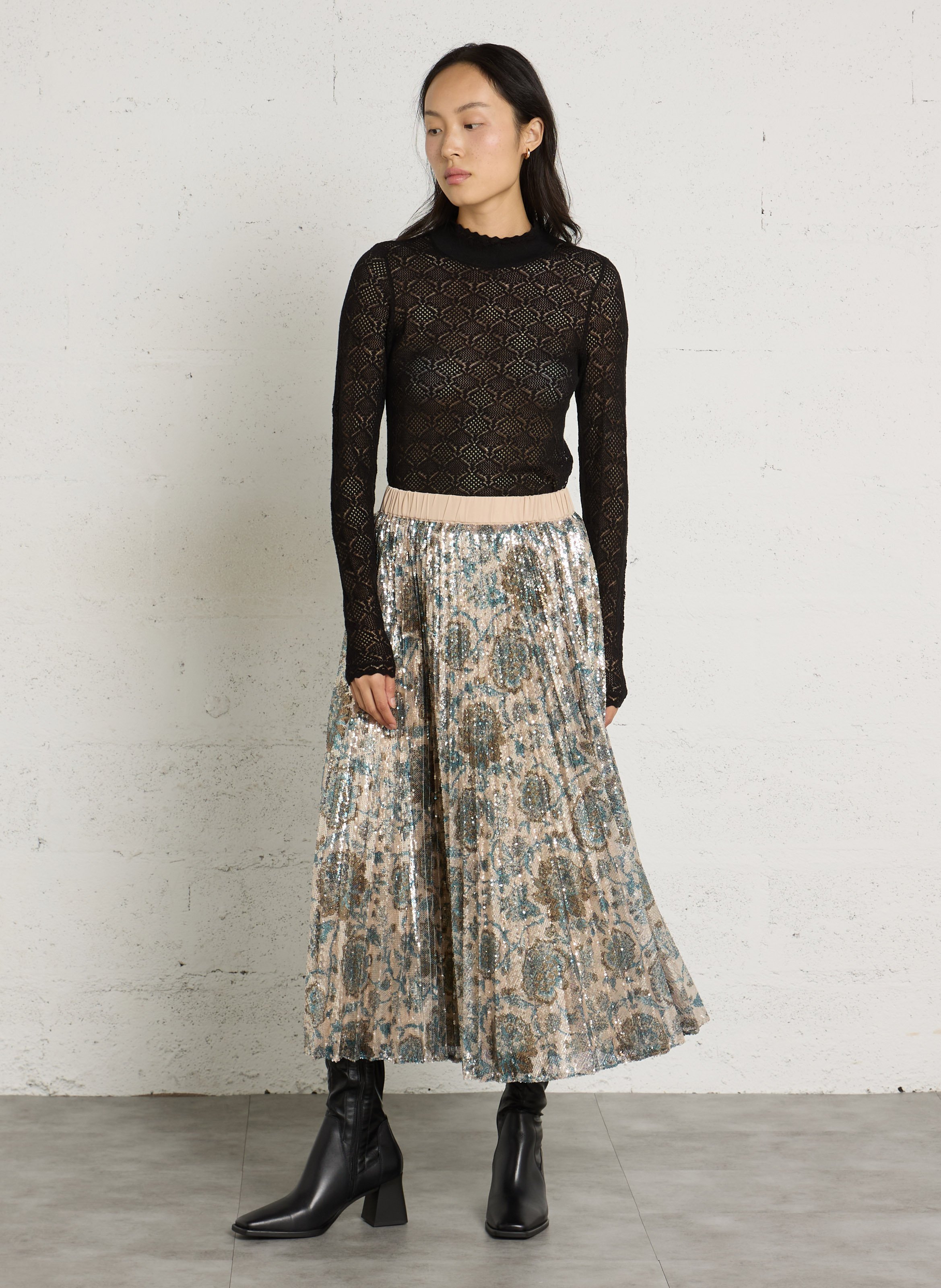 Geplooide midi-rok met glitterpatroon PETITE MENDIGOTE Beige
