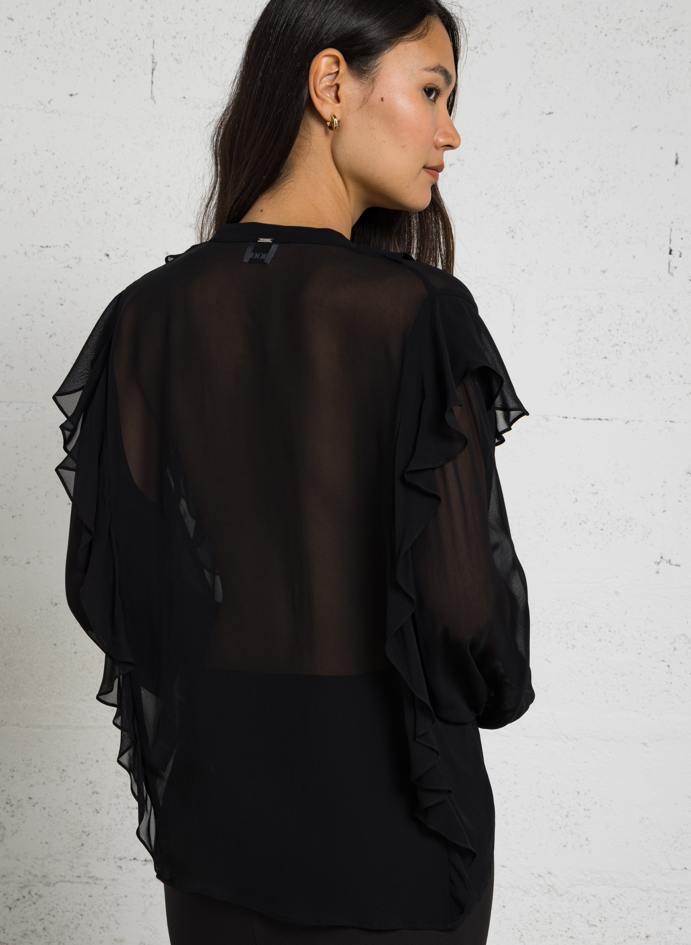 Plain loose-fitting V-neck ruffled blouse IKKS Black