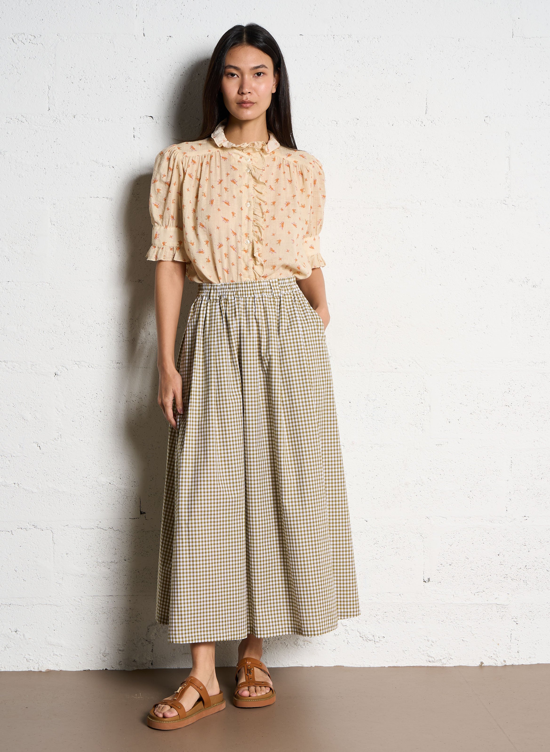 Midi rok met vichy-patroon van katoen SUZIE WINKLE Kaki