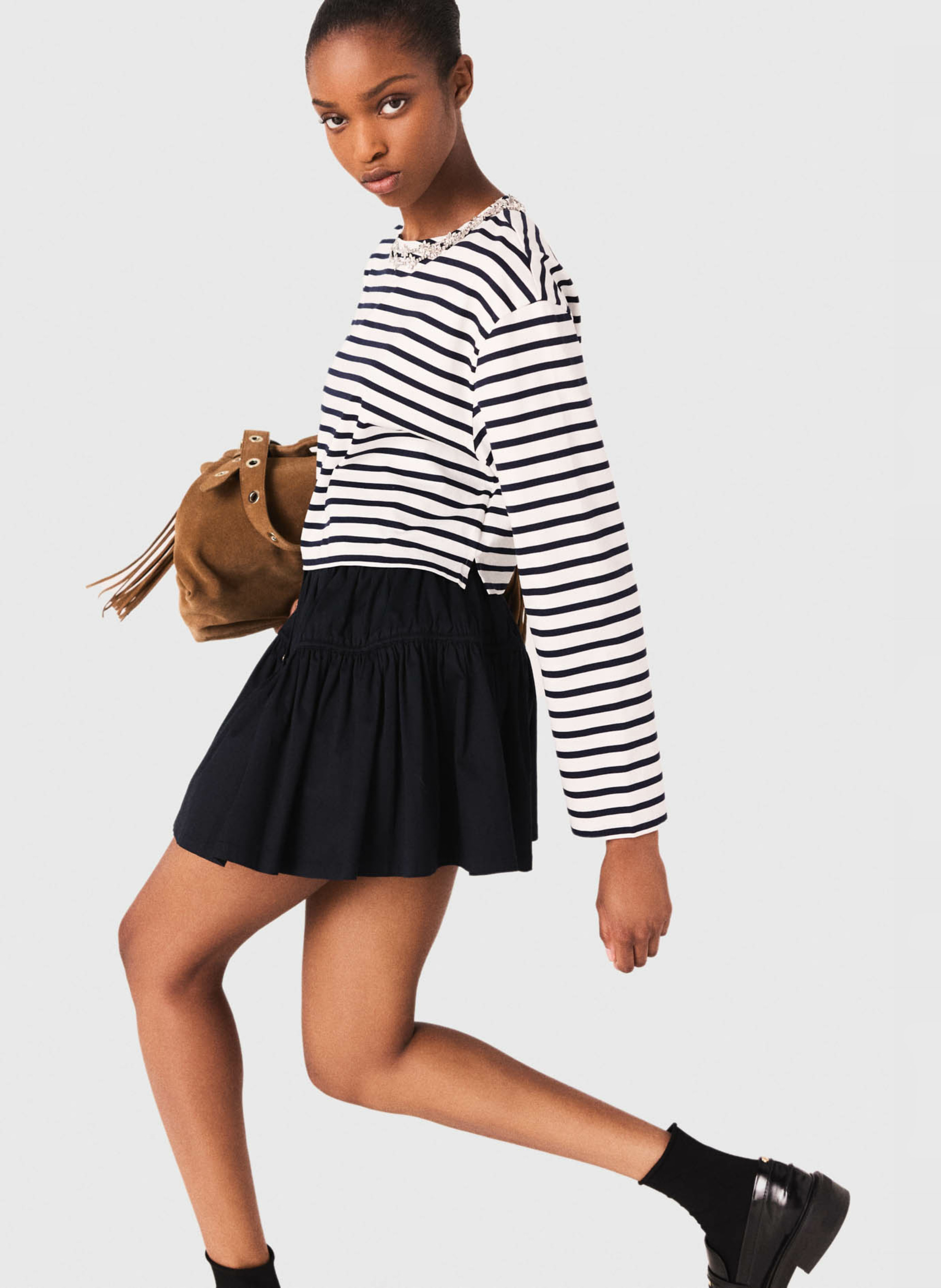 Oversized striped t-shirt with rhinestone collar MAJE White