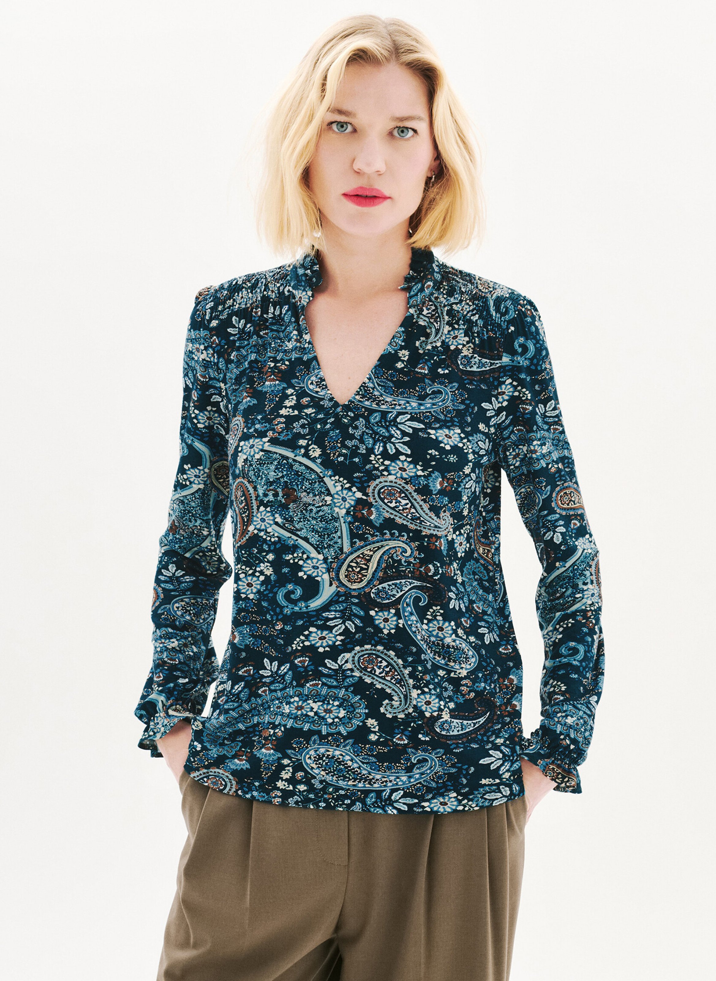 Blouse col v imprimé CAROLL Bleu