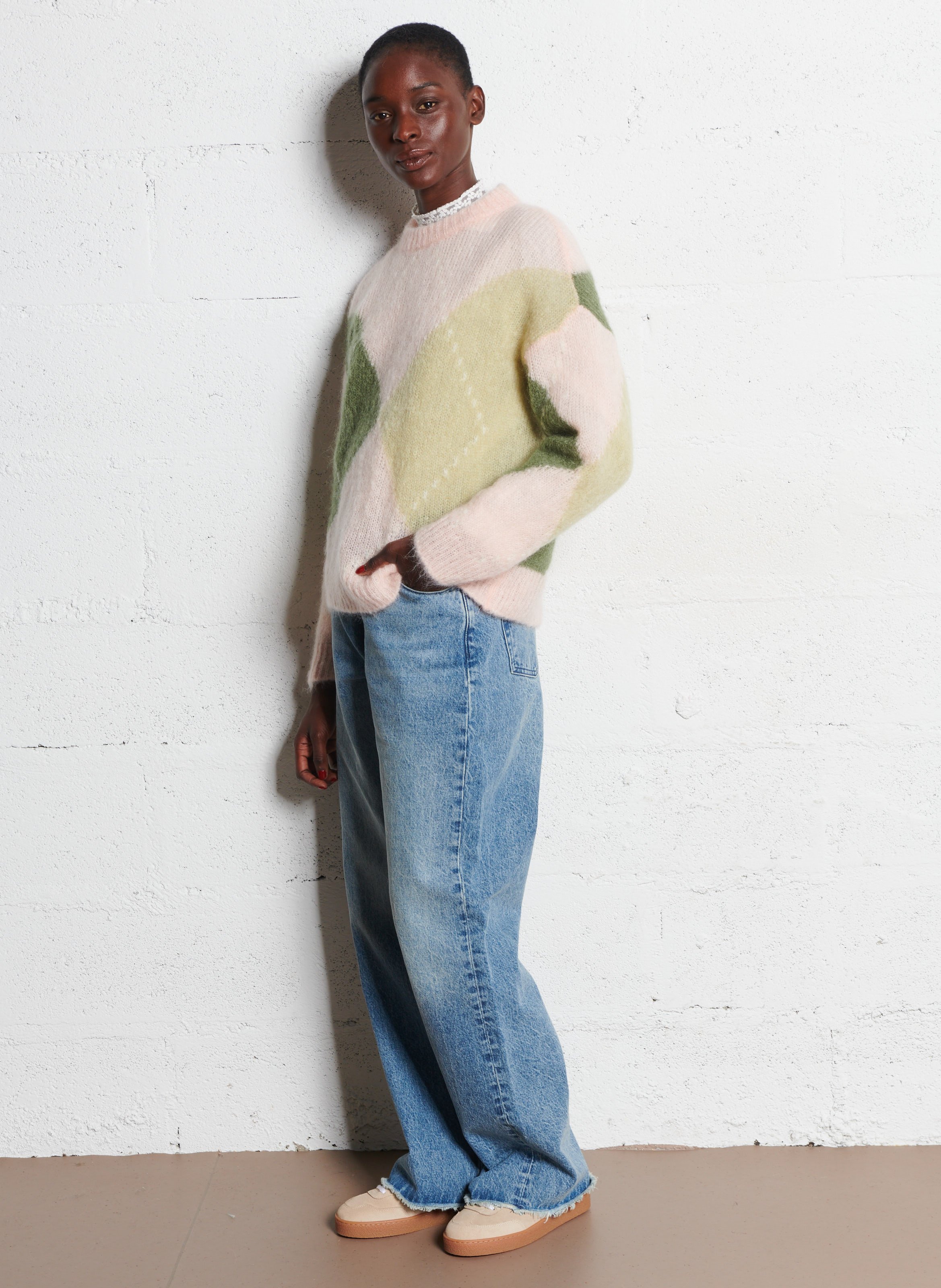 Oversized diamond pattern wool blend sweater DES PETITS HAUTS Pink