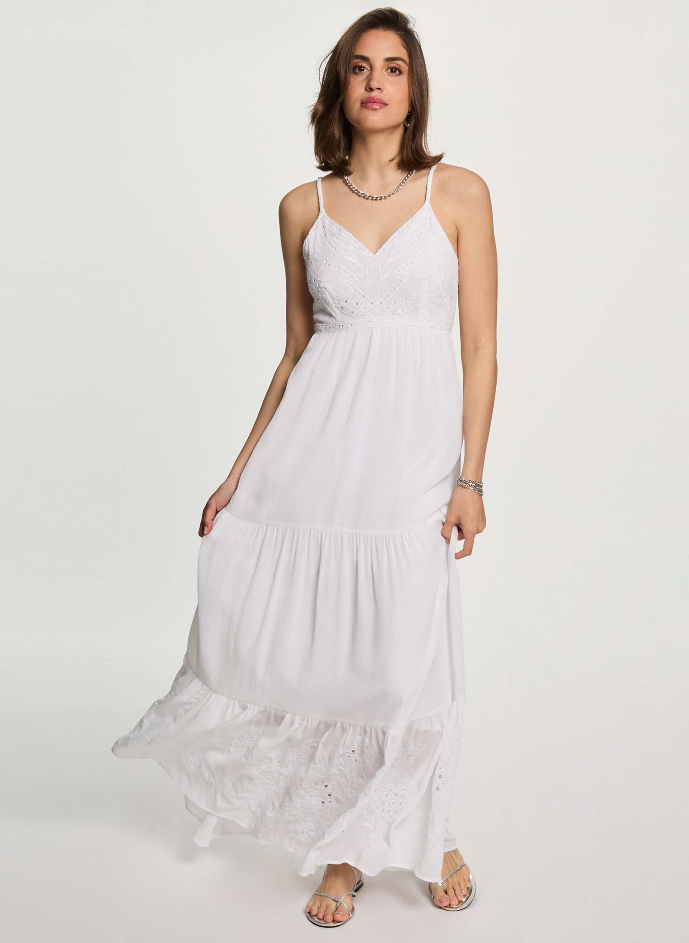 Robe longue col V brodée MORGAN Blanc