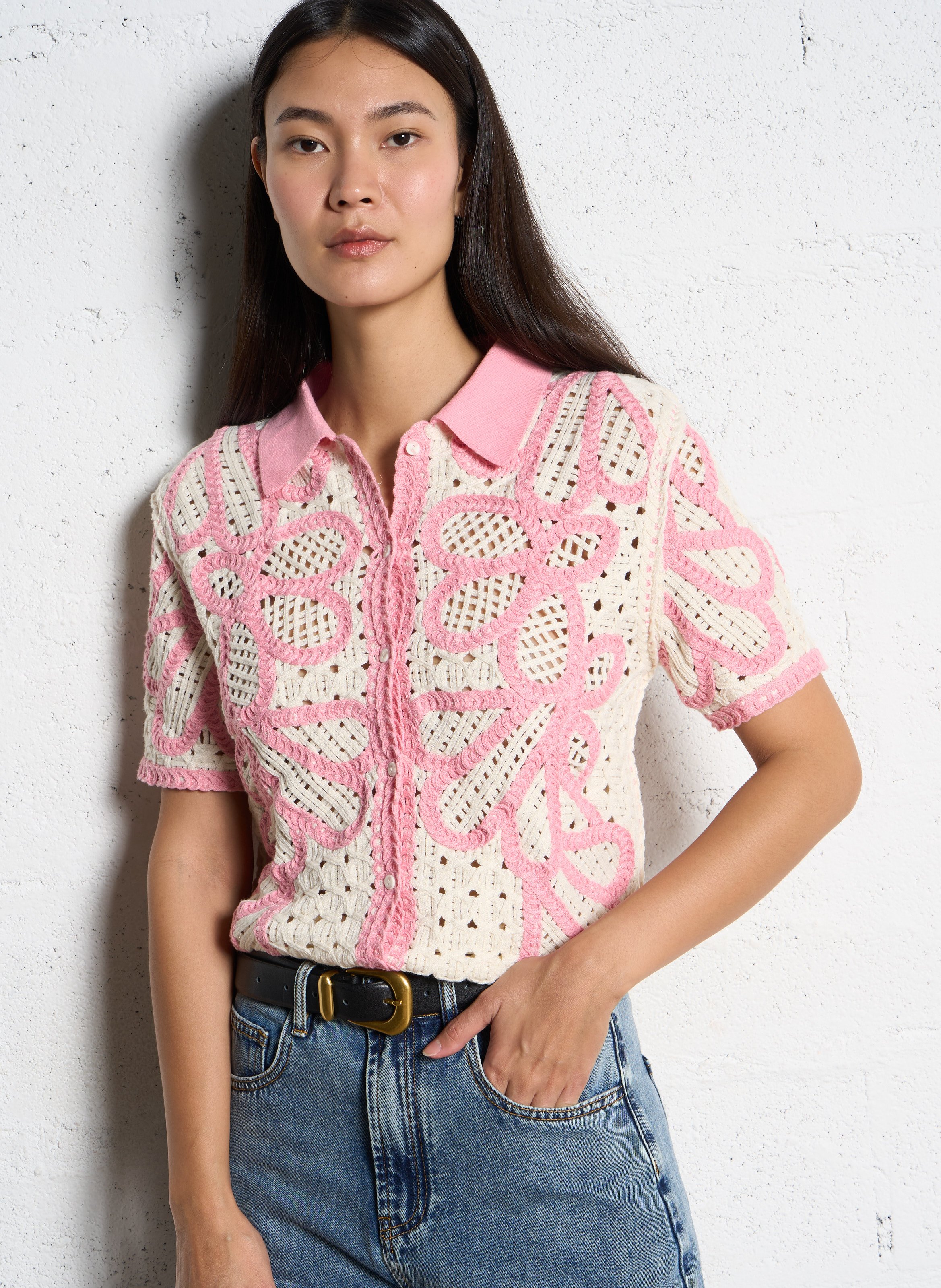 Gilet manches courtes fleuri en crochet  SUNCOO Rose