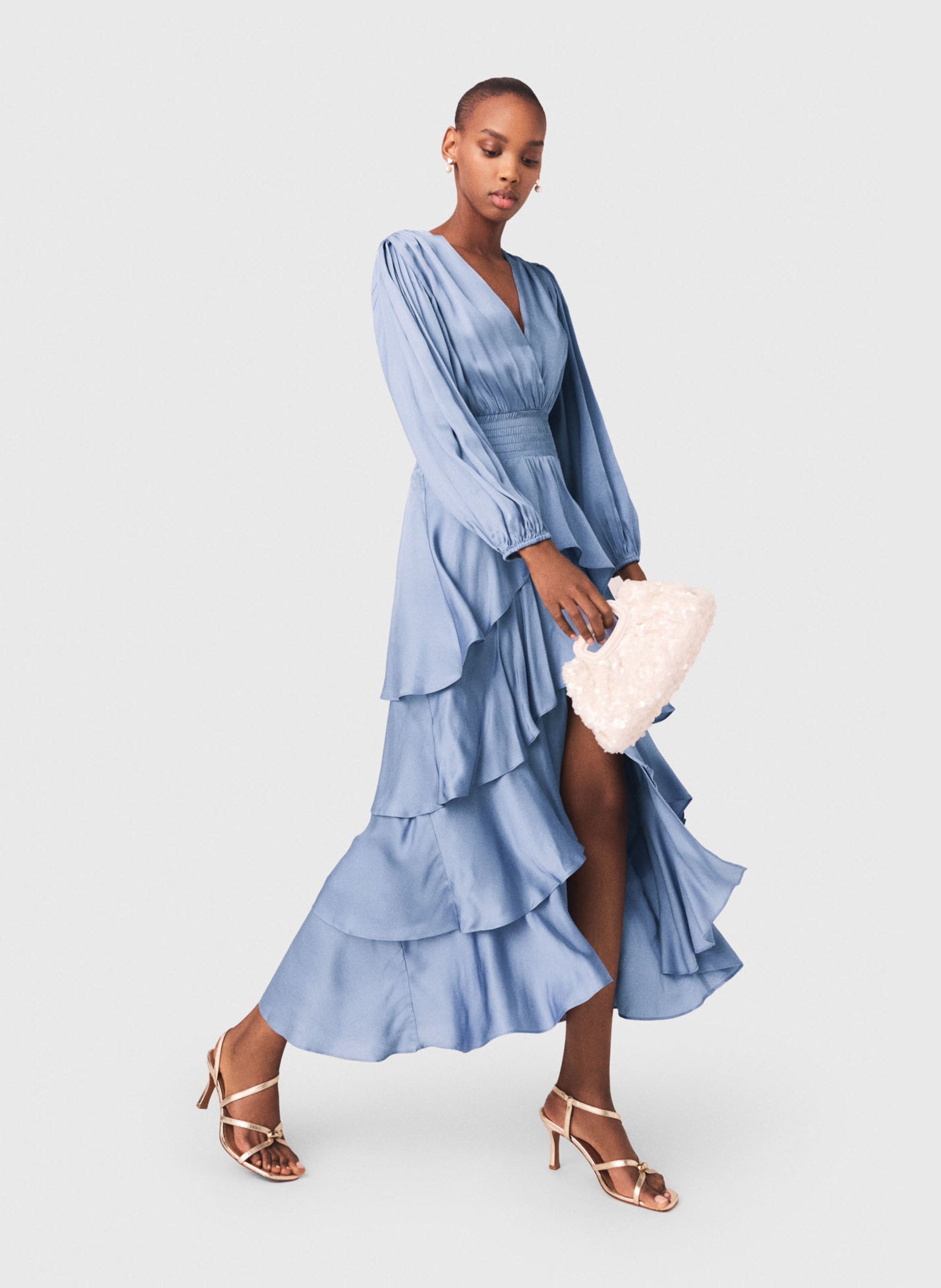 Lange getailleerde jurk met V-hals MAJE Blauw