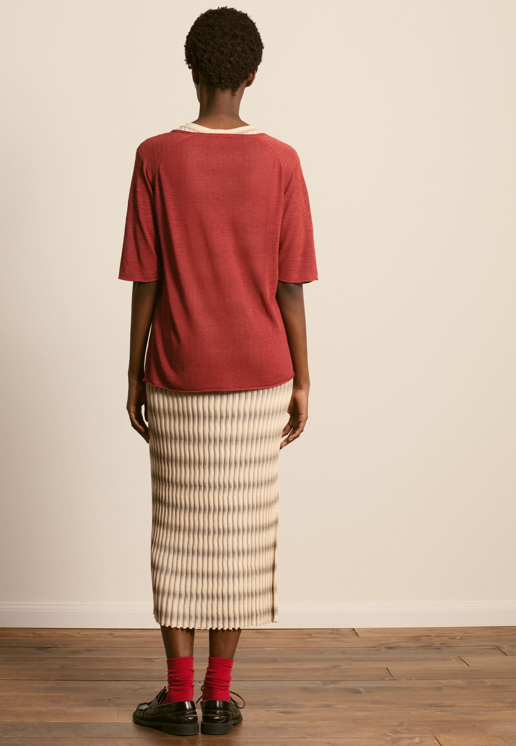 T-shirt col v en lin flammé MAISON MONTAGUT Marron