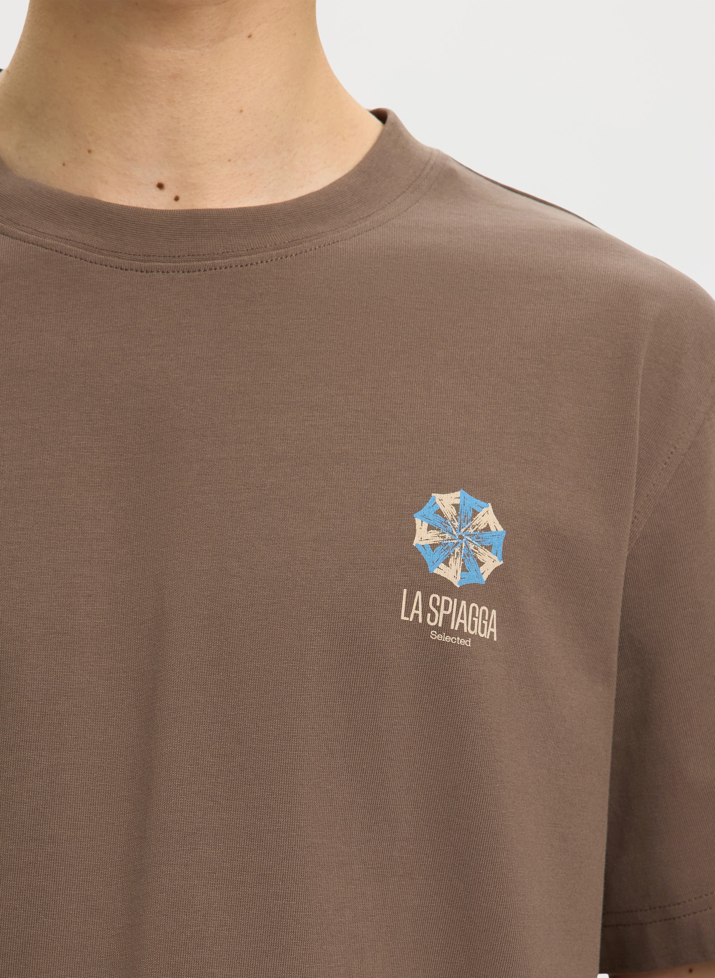 Oversized round neck organic cotton t-shirt SELECTED Brown