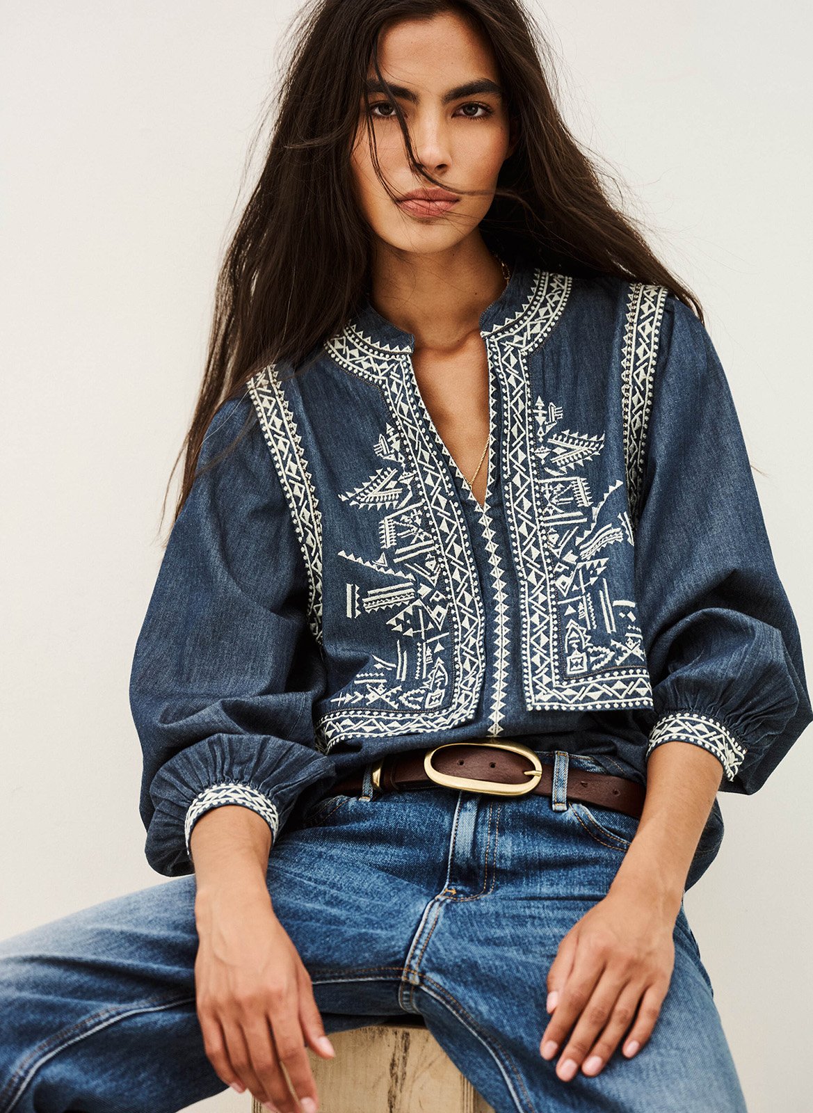 Straight tunic collar embroidered blouse BA&SH Blue