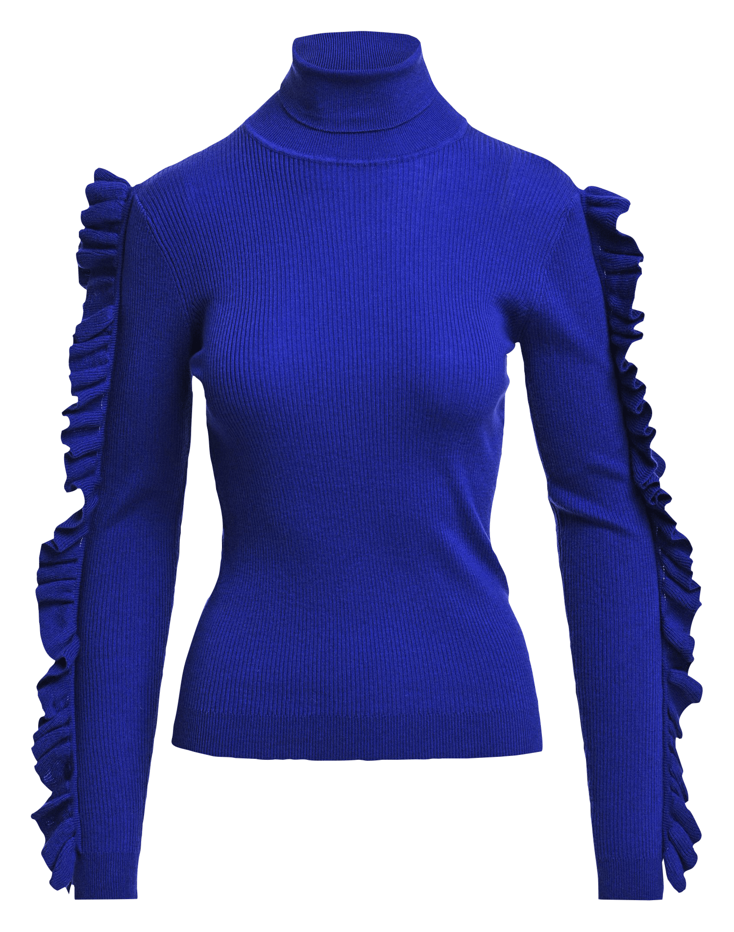 Eng anliegender Rollkragenpullover mit Volants. ESSENTIEL ANTWERP Blau