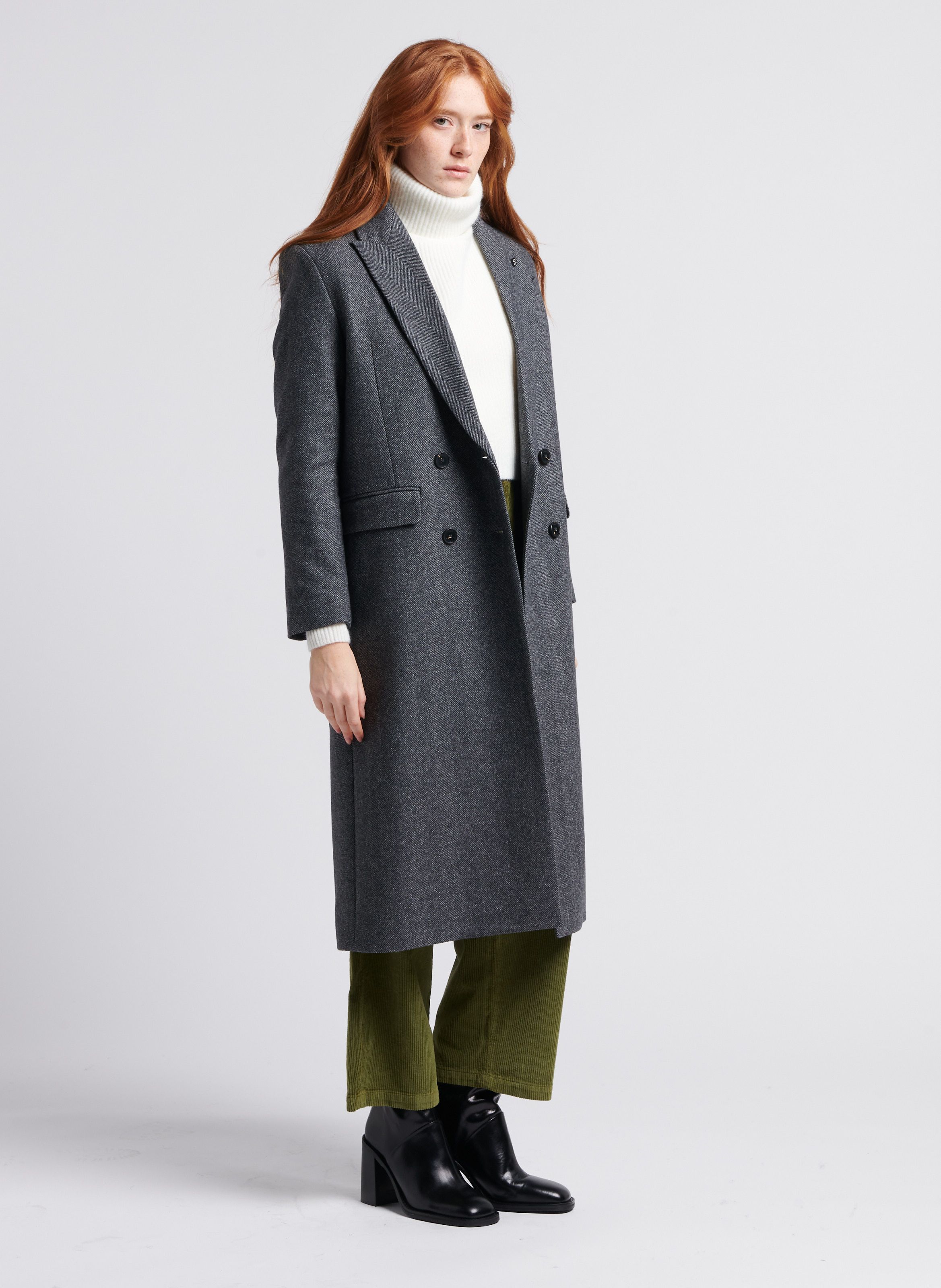 Manteau long col tailleur en laine m lang e Gris