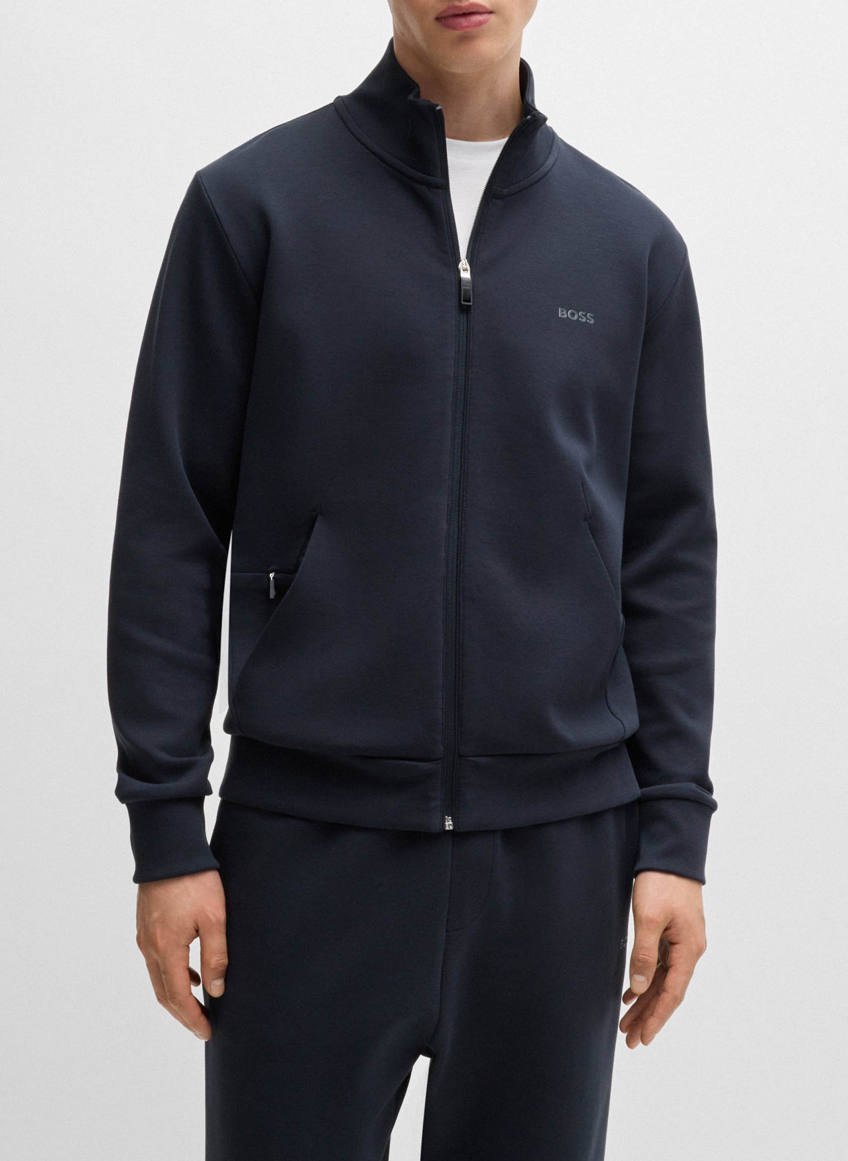 Screen-printed stretch cotton straight zipped sweater BOSS