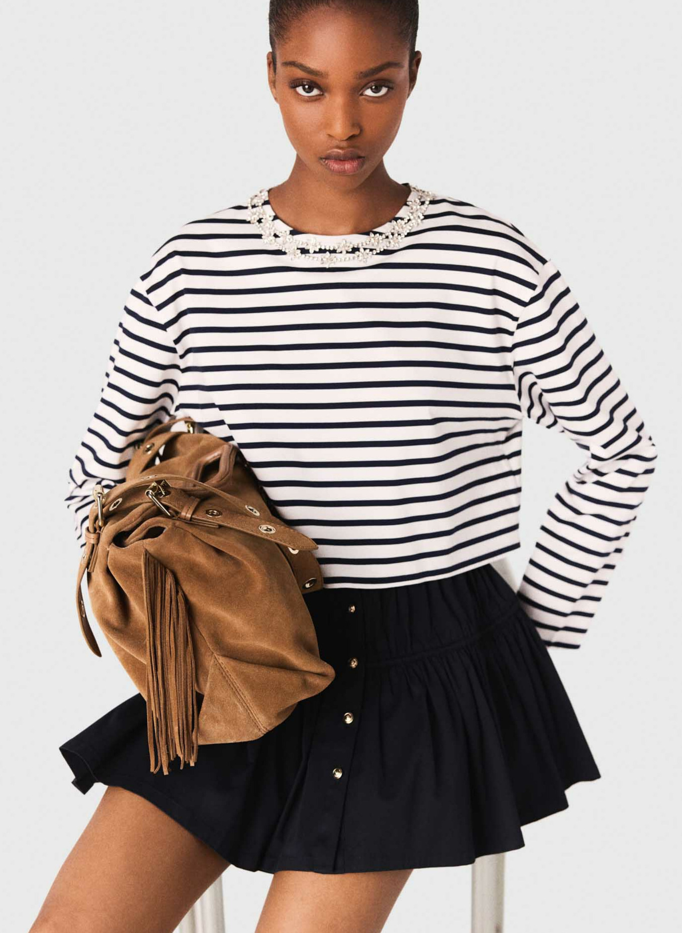 Oversized striped t-shirt with rhinestone collar MAJE White