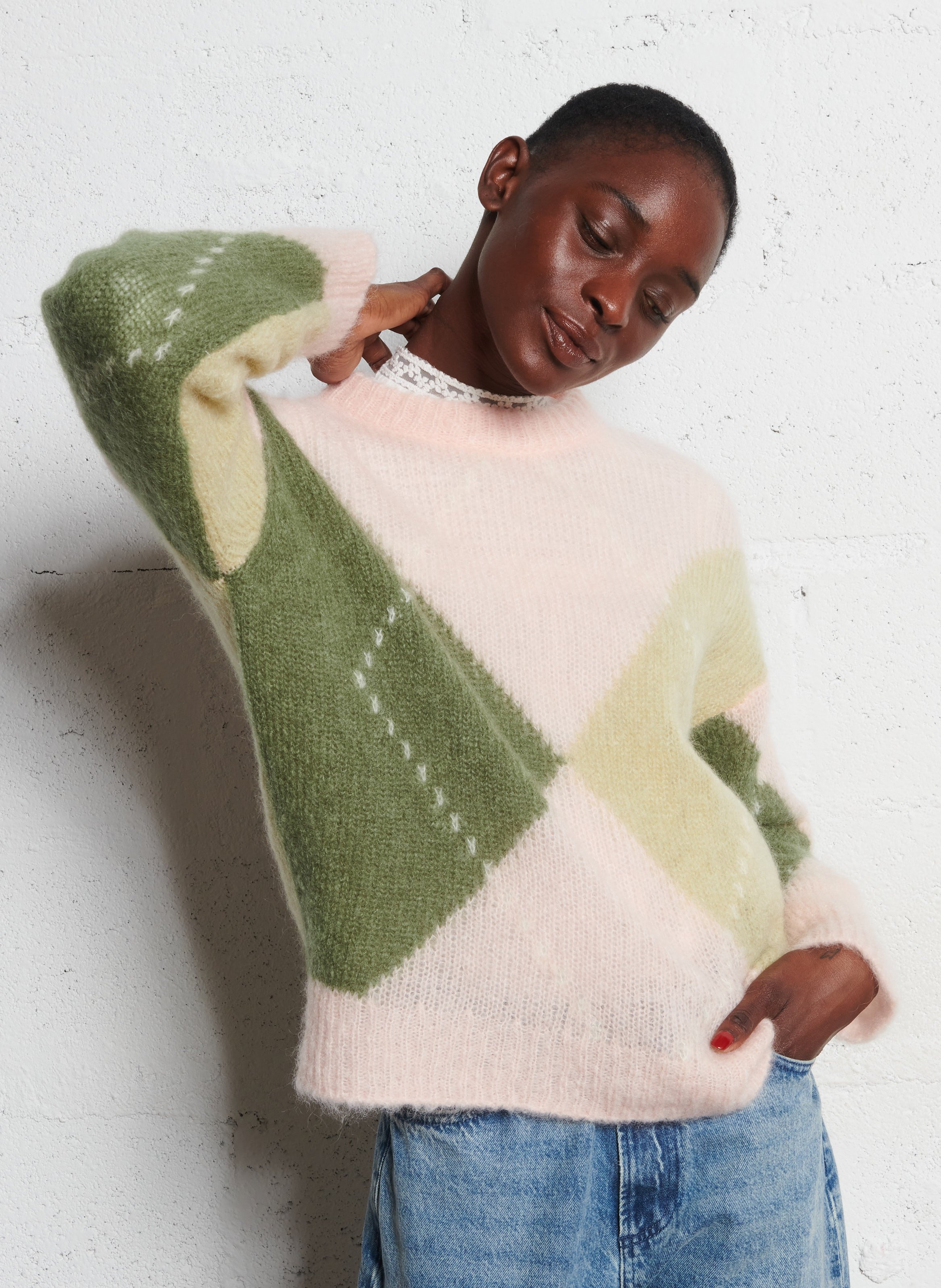 Oversized diamond pattern wool blend sweater DES PETITS HAUTS Pink