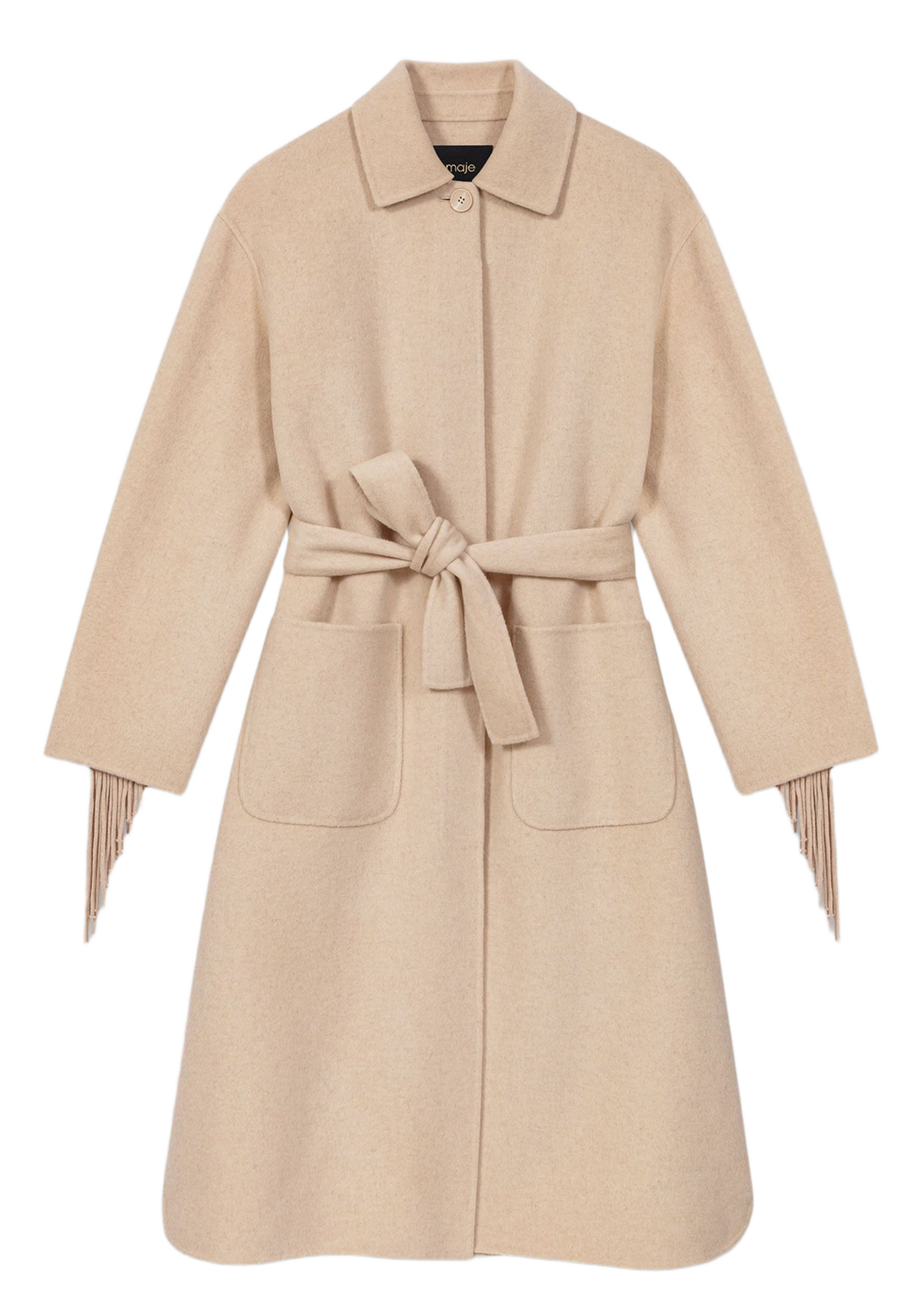 Manteau ceinturé uni à franges MAJE Beige