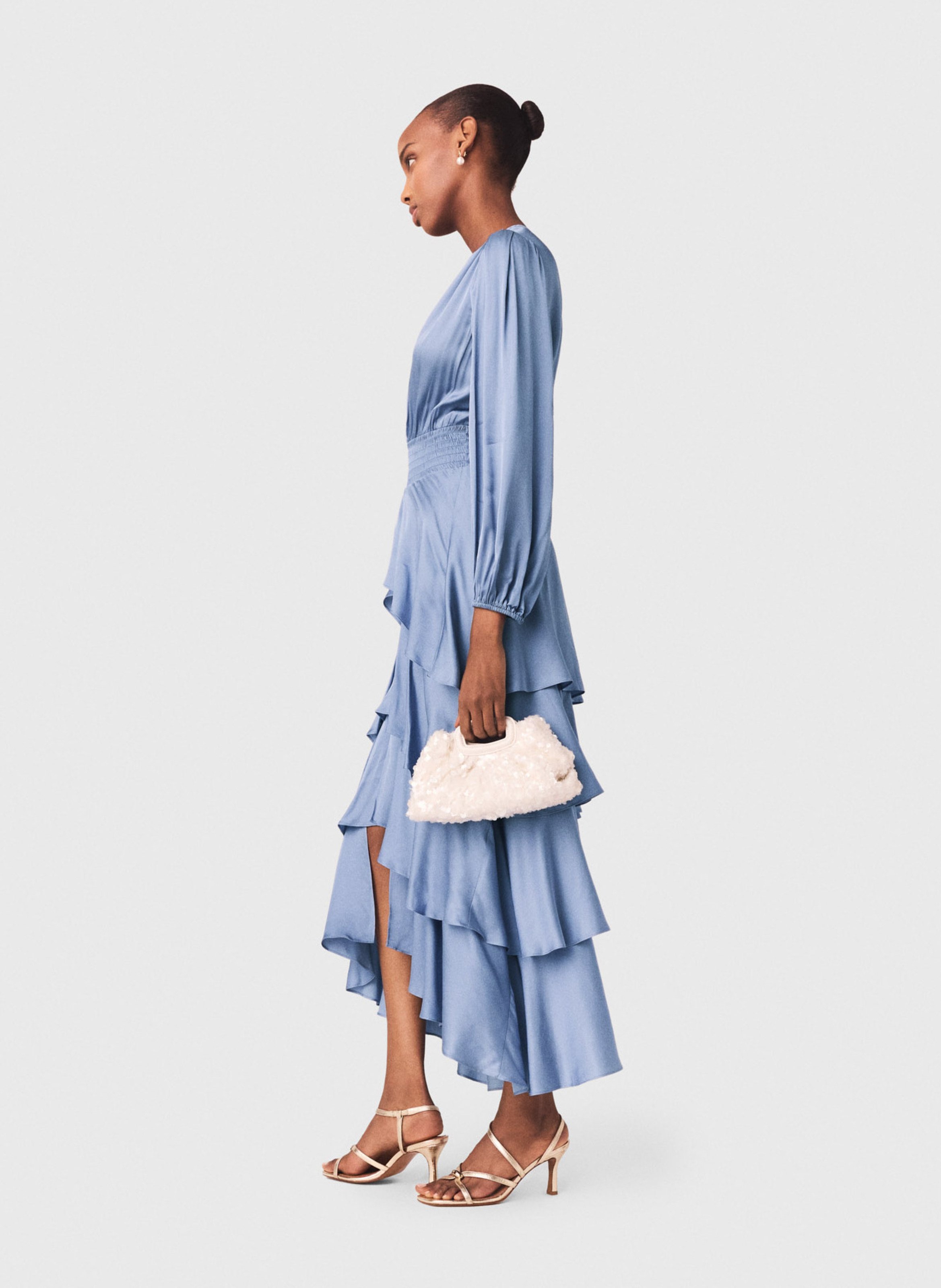 Lange getailleerde jurk met V-hals MAJE Blauw