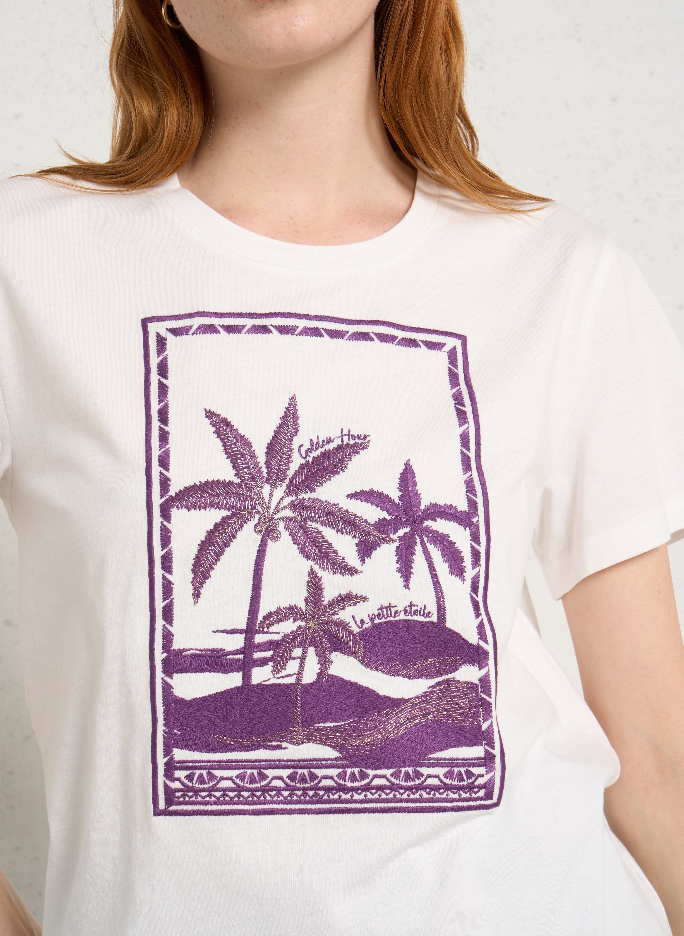 Top droit col rond en coton brodé Blanc