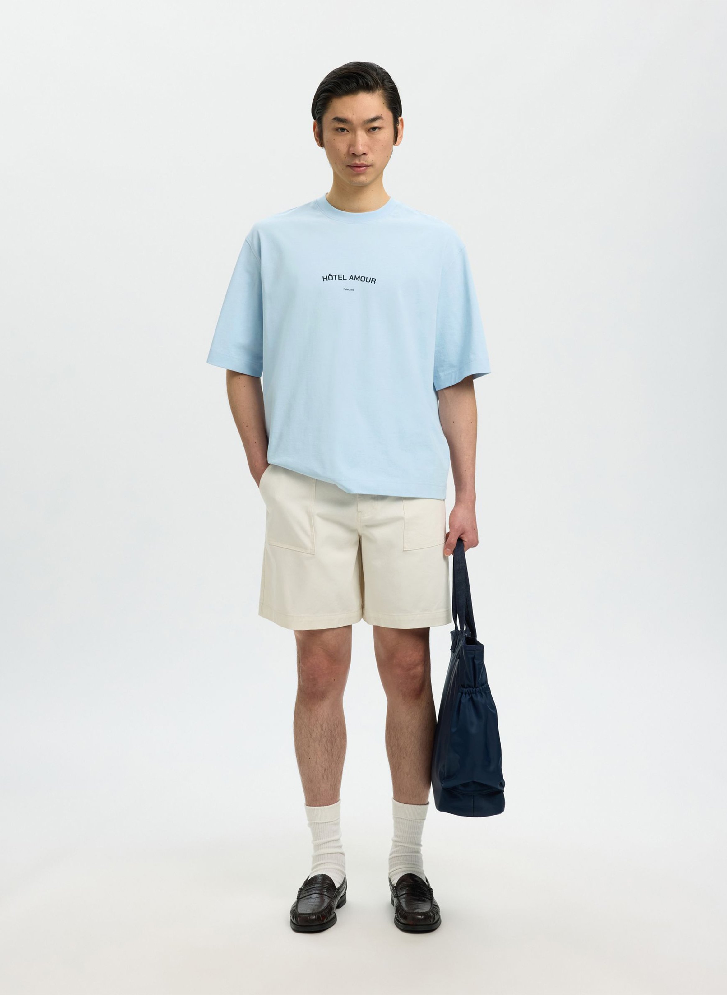 Tee-shirt col rond en coton bio SELECTED Bleu