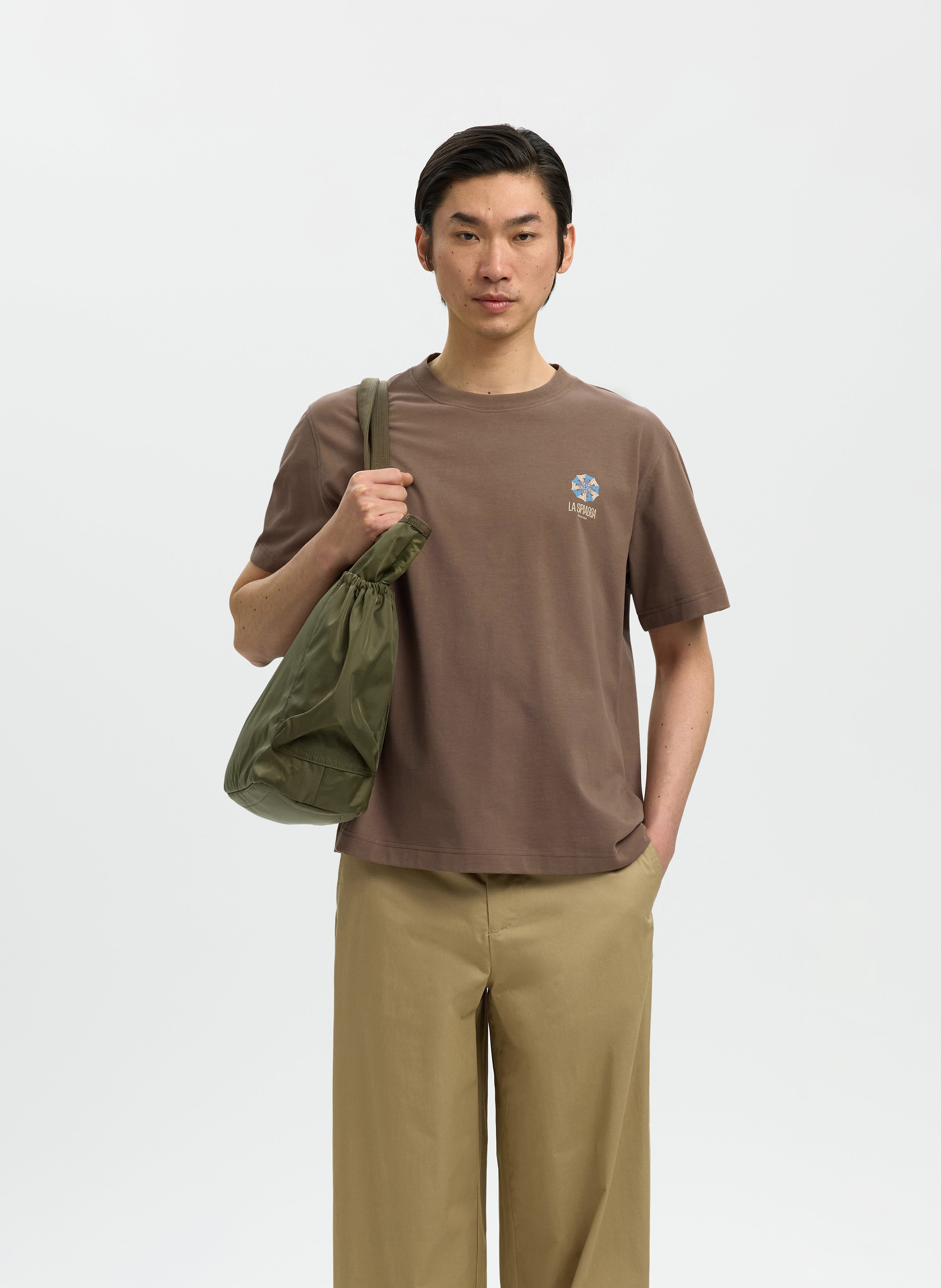 Oversized round neck organic cotton t-shirt SELECTED Brown